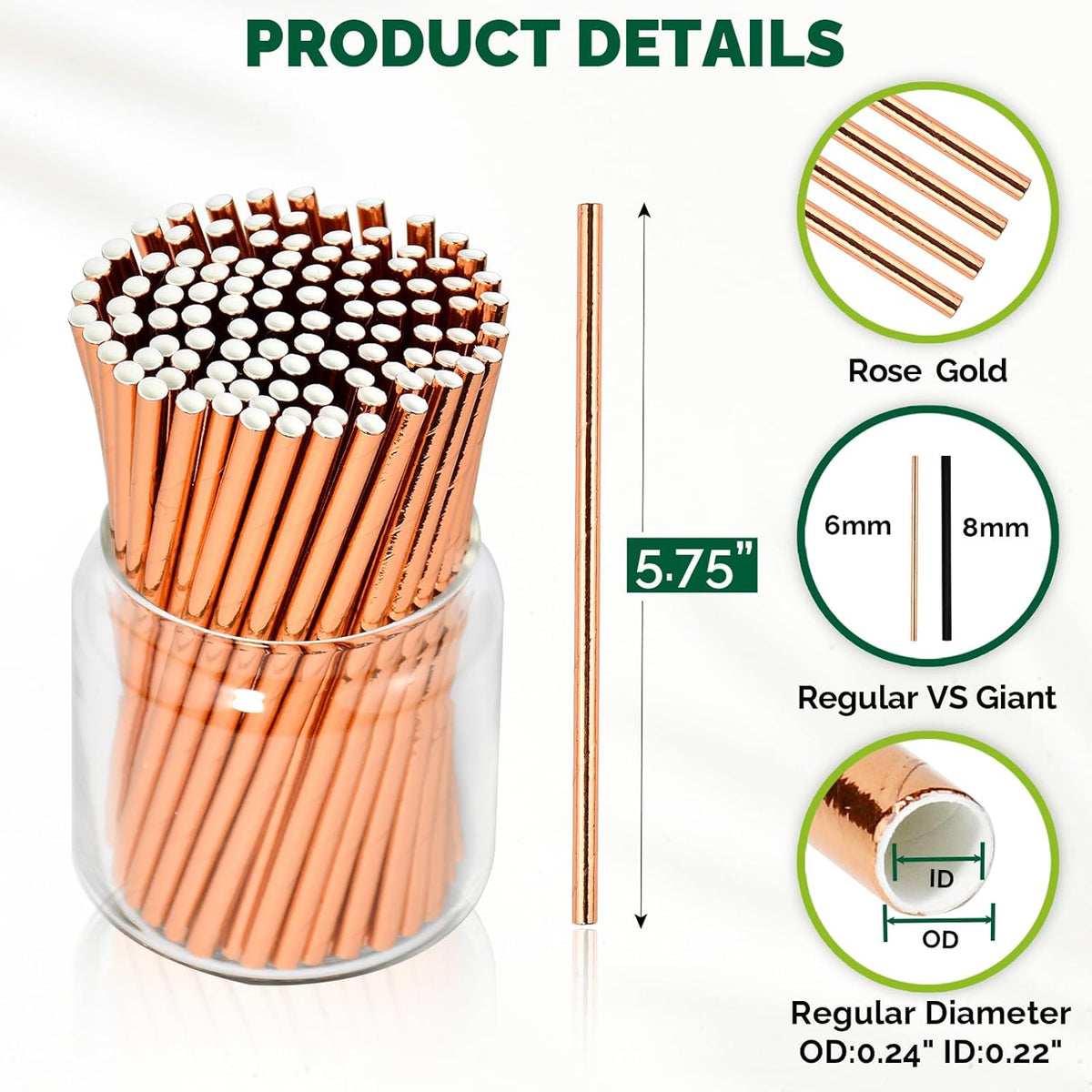 Rose Gold Paper Cocktail Straws, 5.75 inch, 500 counts, Disposable Short Small Drinking Straws for