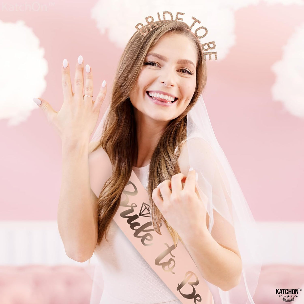 KatchOn, Rose Gold Bride to be Sash and Headband - Pack of 2 | Bride Sash and Tiara for