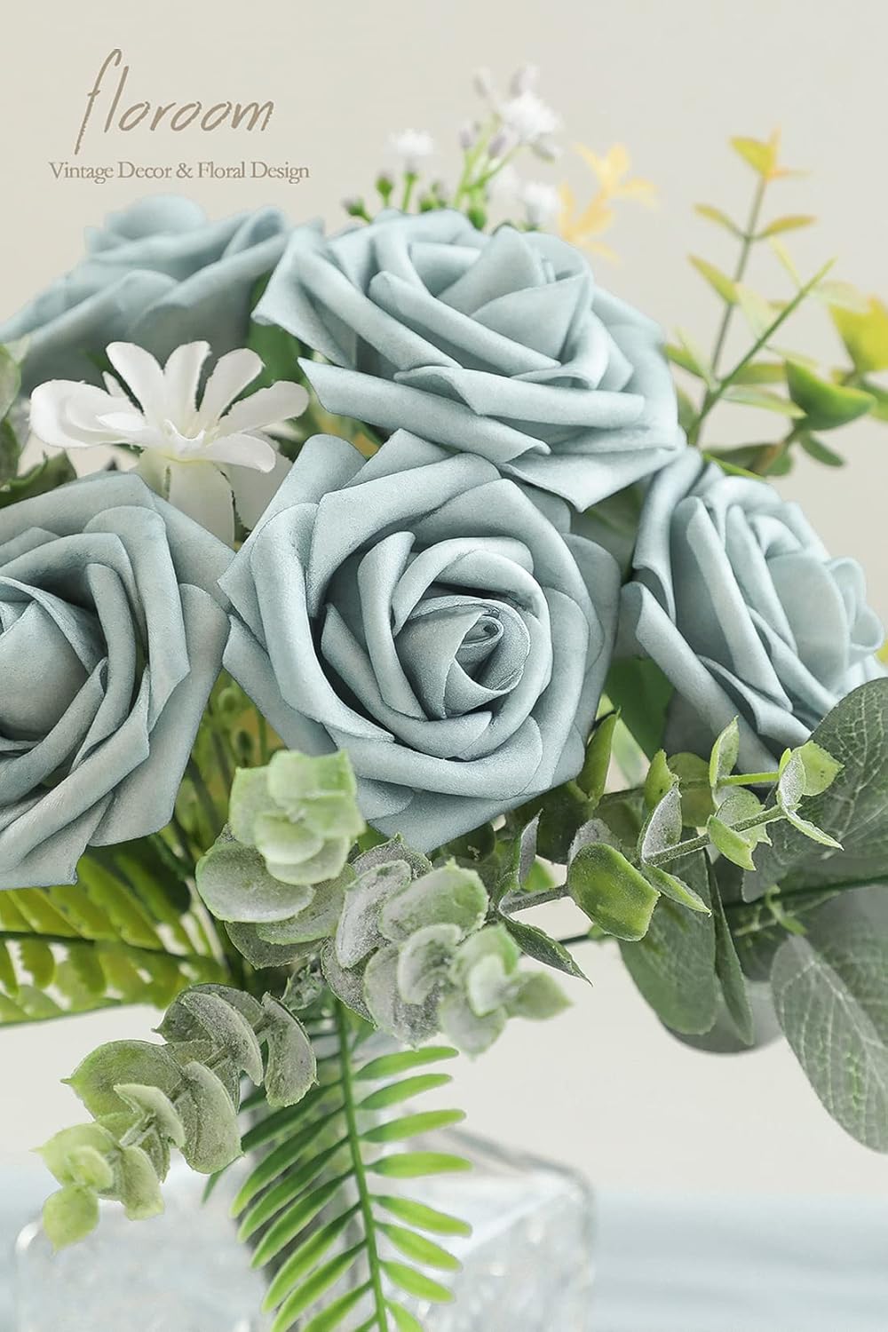 Floroom Artificial Flowers 25pcs Real Looking Dusty Blue Foam Fake Roses with Stems for DIY Wedding