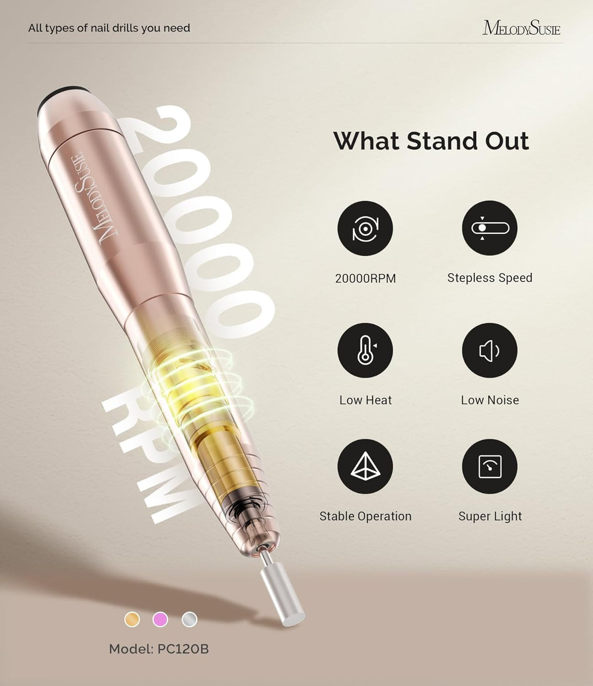 MelodySusie Portable Electric Nail Drill,PC120B Compact Efile Electrical Professional Nail File Kit