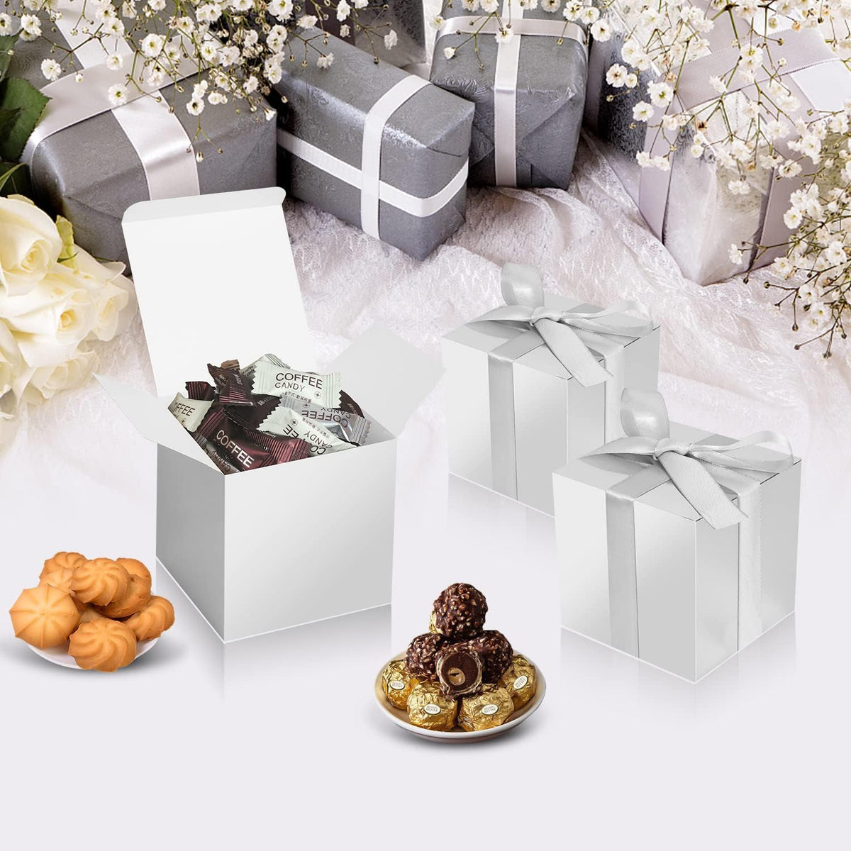 100 Pack Small Gift Boxes, 2x2x2 Inches Favor Boxes Silver Paper Gift Boxes with Lids for Presents