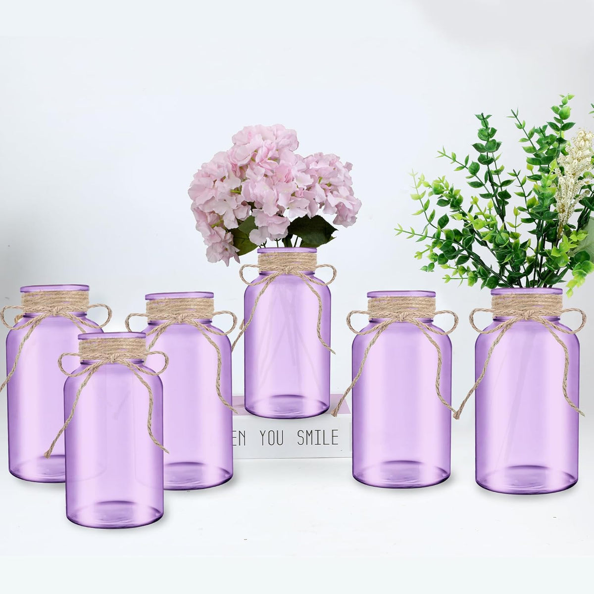 Vintage Glass Flower Vase，6 Pack Farmhouse Purple Glass Centerpiece Vases Mason Jars for Weddings