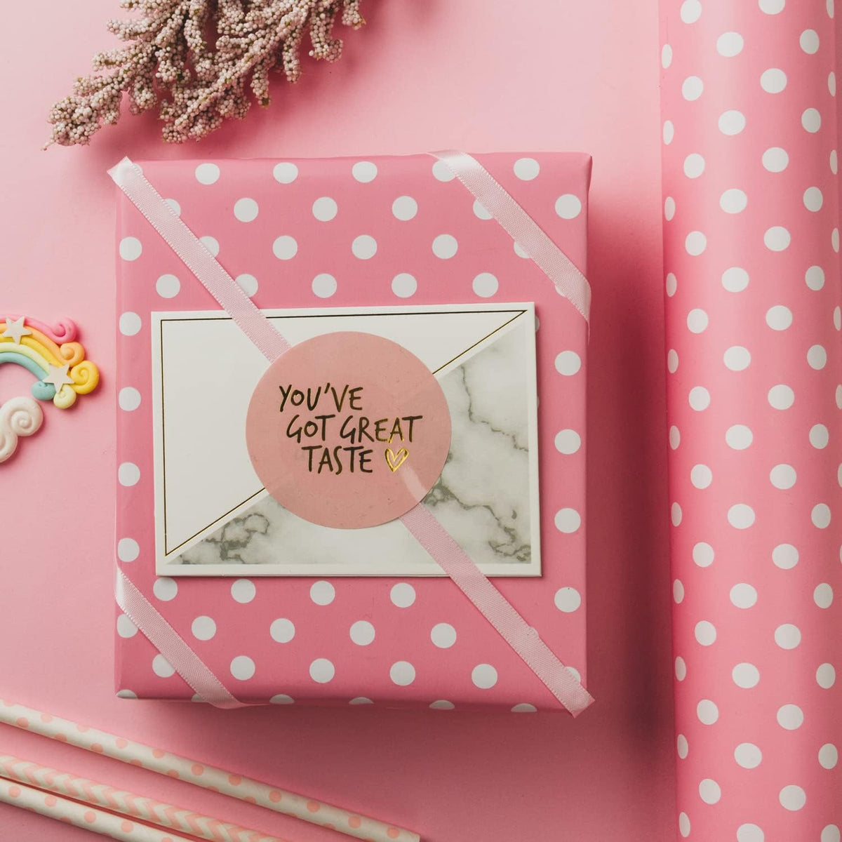 WRAPAHOLIC Reversible Wrapping Paper - Mini Roll - 17 Inch X 33 Feet - Pink and Polka Dot Design