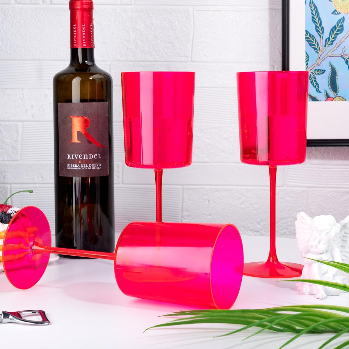 Ciaell 12 Pack Plastic Wine Glasses - 14Oz Hot Pink Plastic Wine Glasses With Stem - Disposable