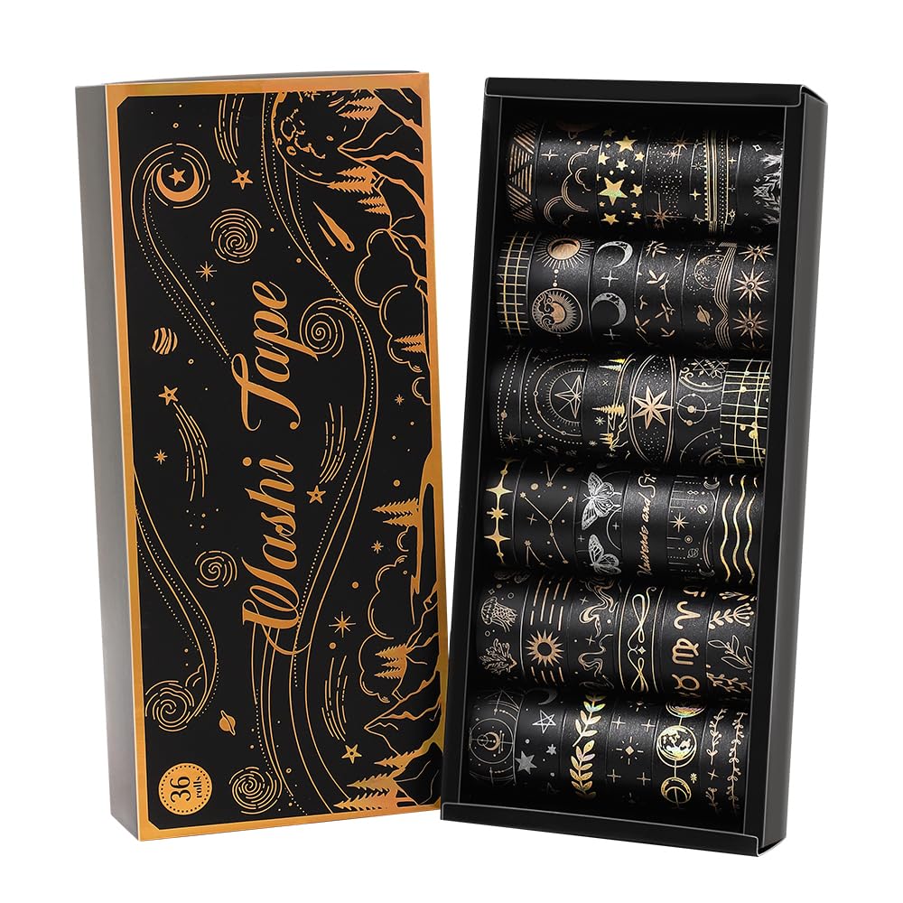 36 Rolls Glow-in-The-Dark Starry Washi Tape Set with Gold Foil Celestial Patterns - Writeable