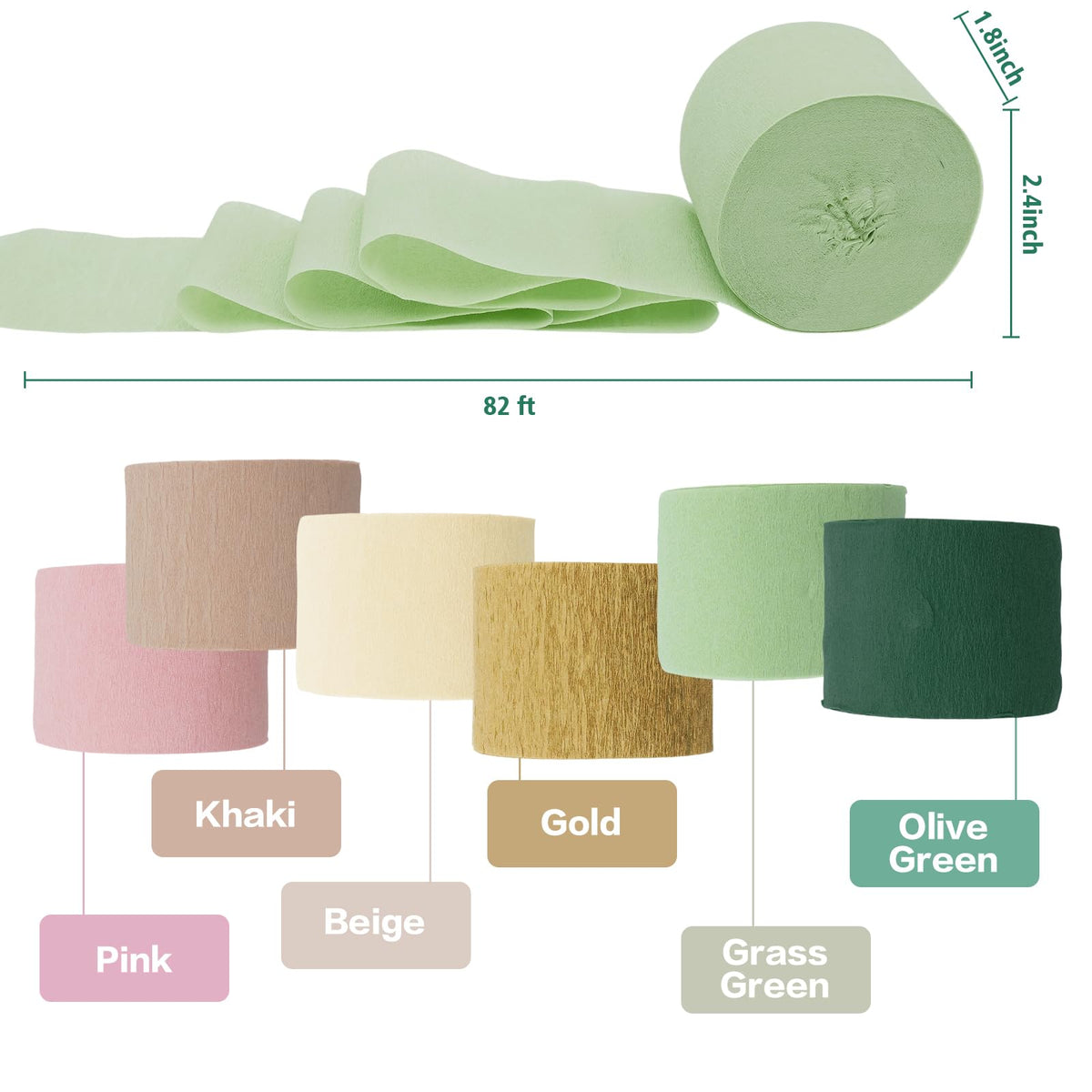 Crepe Paper Streamers Party Decorations - 6 Rolls Grass Green Gold Pink Olive Green Beige Khaki