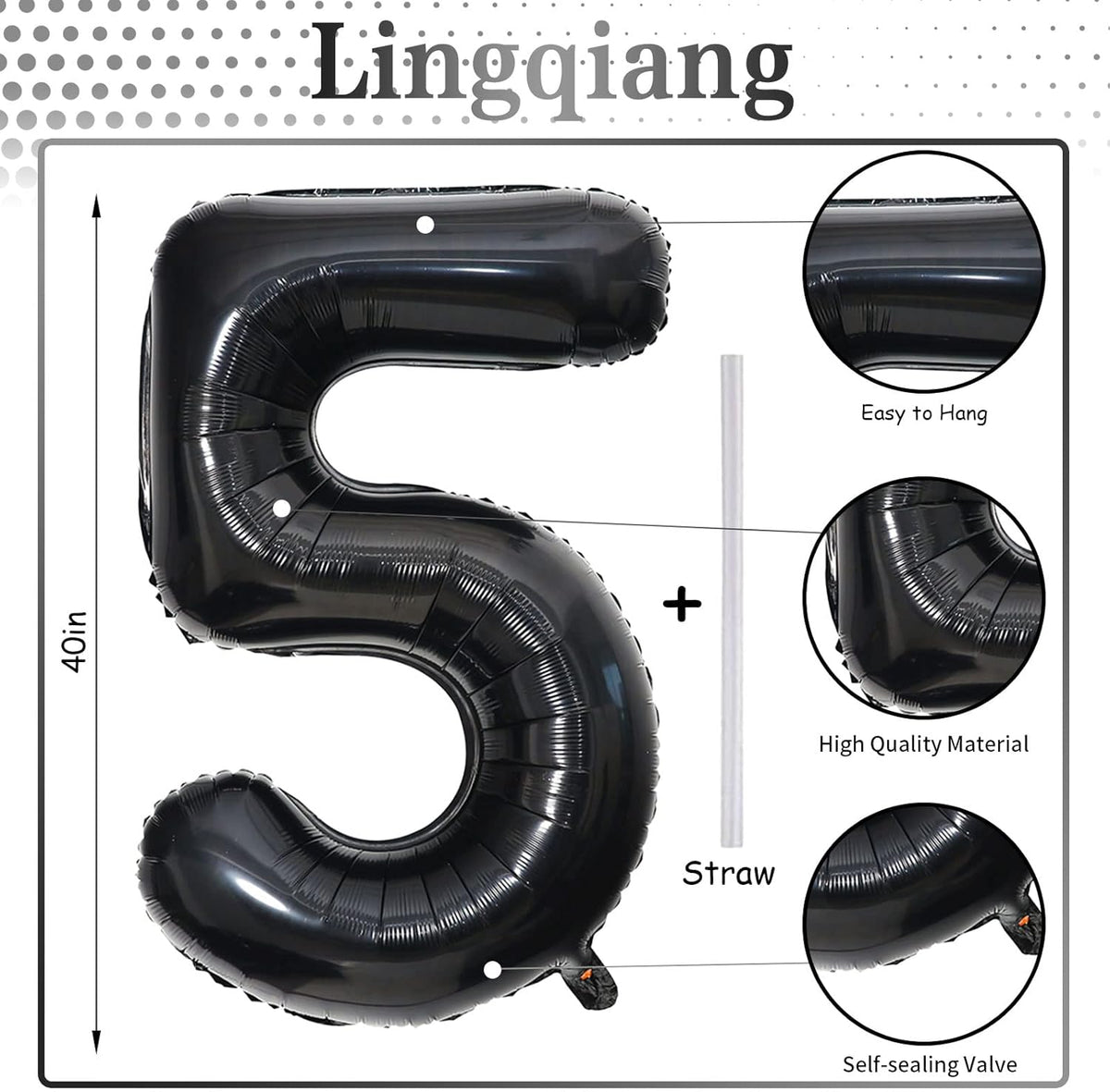 Black 5 Balloons, 40 Inch Large Foil Number Balloons Set 0-9, Self Inflating Digital 5 Helium