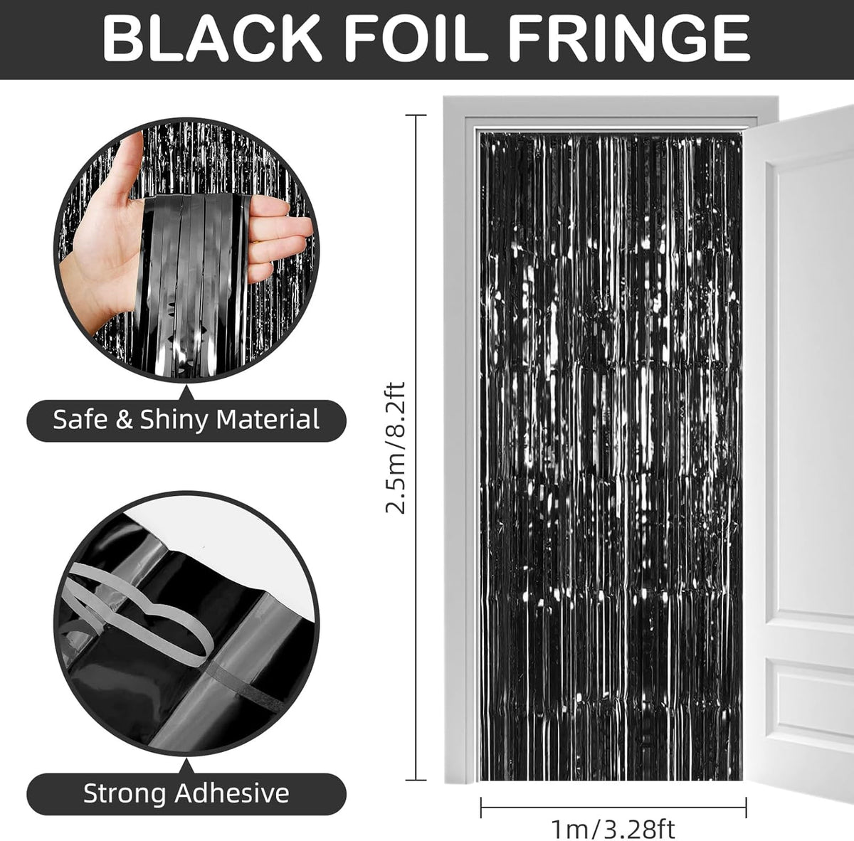 30 Pack Black Foil Fringe Curtain Backdrop, 3.3x8.2 Feet Metallic Tinsel Streamer Curtains Photo