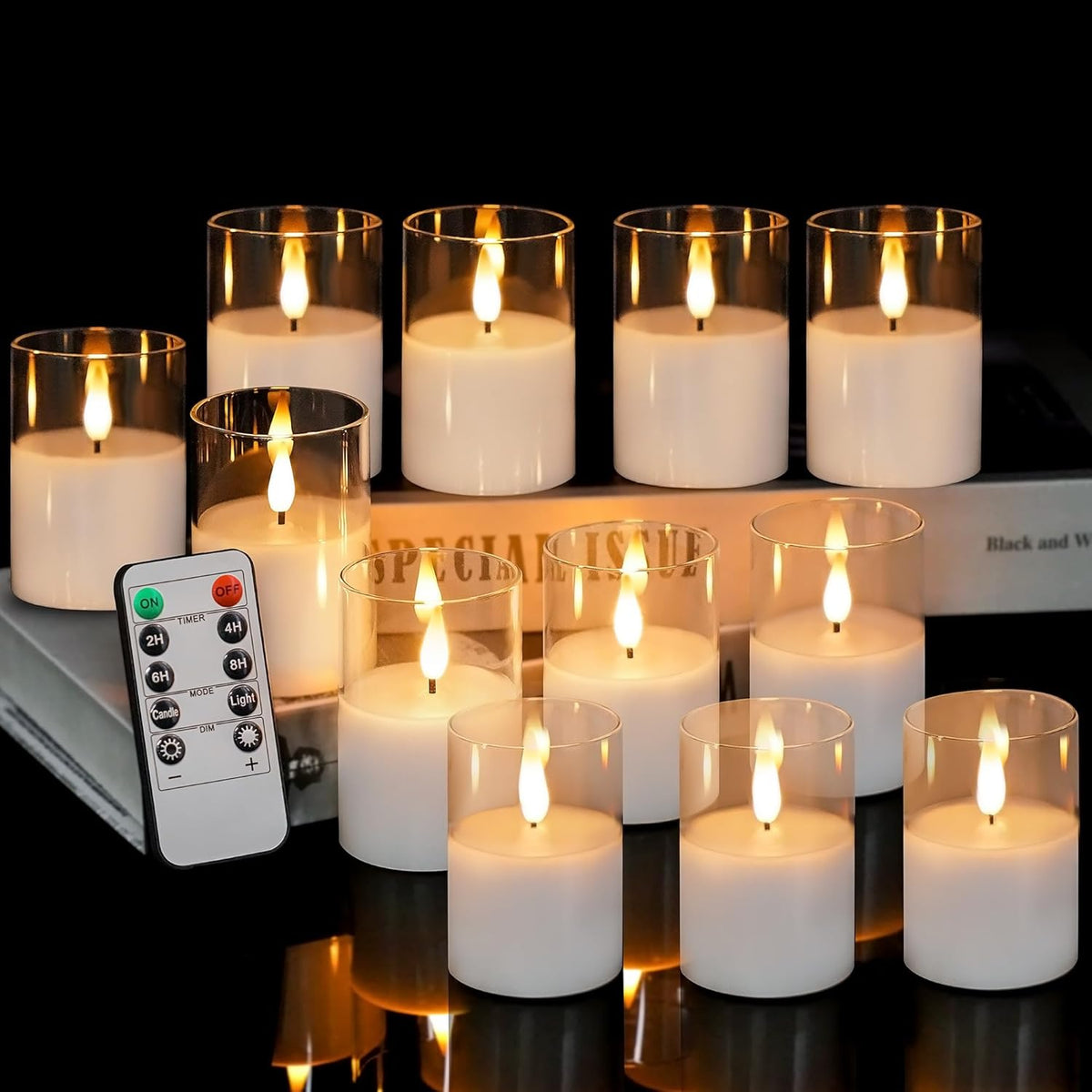 12Pack Glass Flickering Flameless Candles with Remote, 2"X3" Real Wax Votive Candles Battery