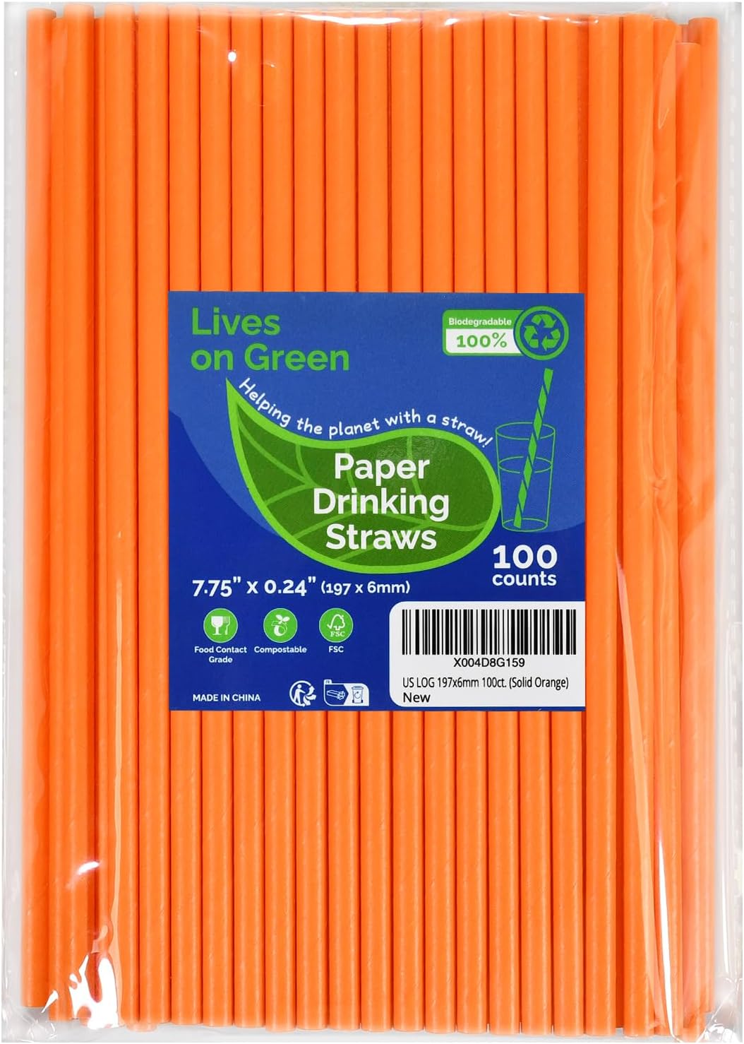 7.75 inch Solid Orange Paper Drinking Straws Unwrapped 100 Counts for Cocktail, Bar, Restaurants