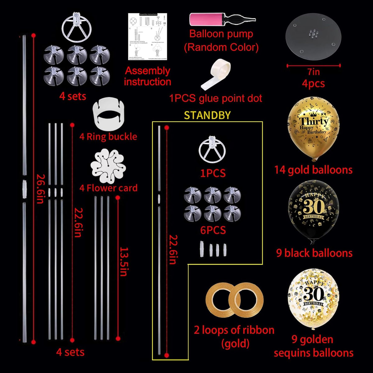 TONIFUL 4 Set Black Gold Balloon Stand Kit for Birthday Decorations for 30th,Balloon Centerpieces