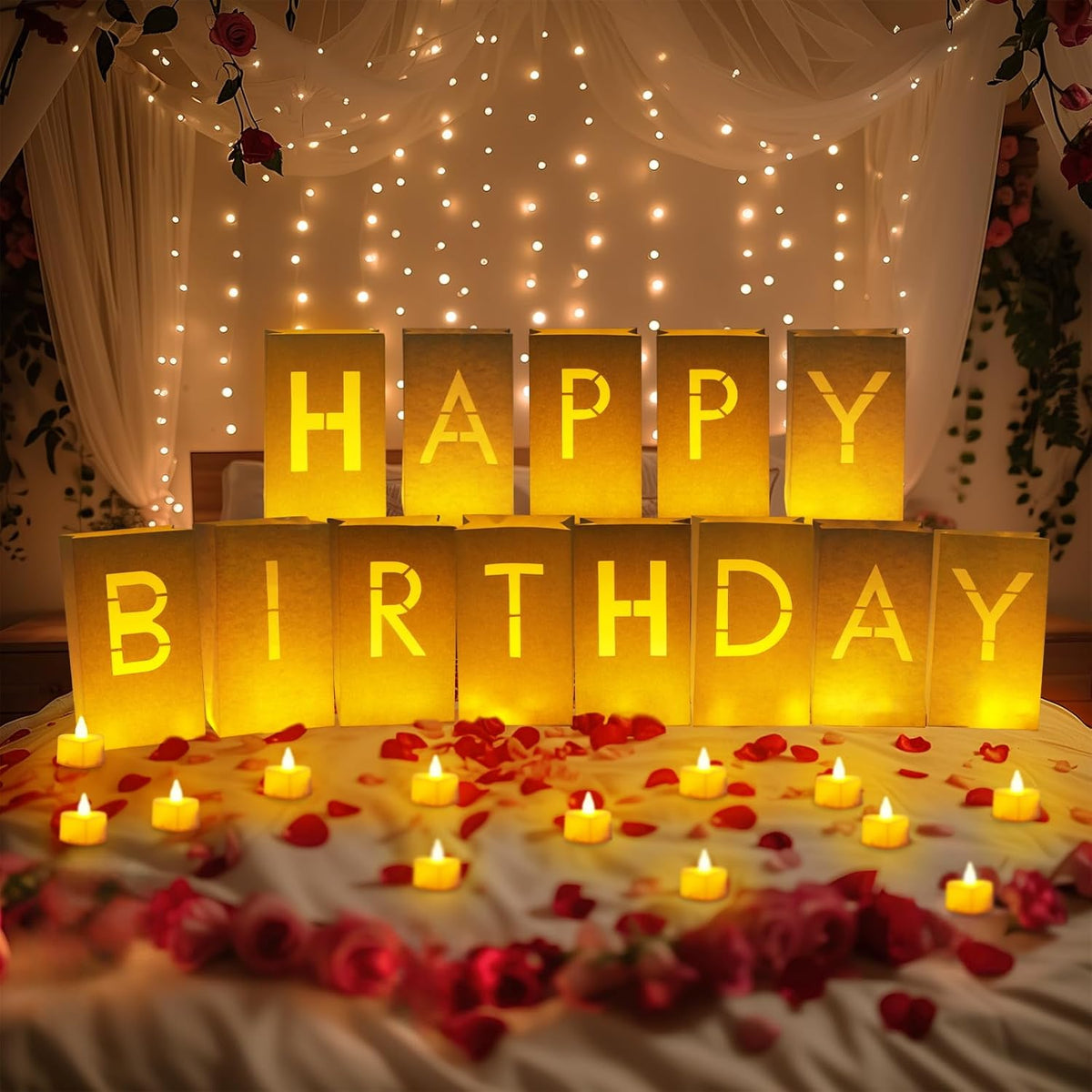 Homemory Happy Birthday Light Up Letters Luminary Bags with Flameless Candles and Fake Rose Petals