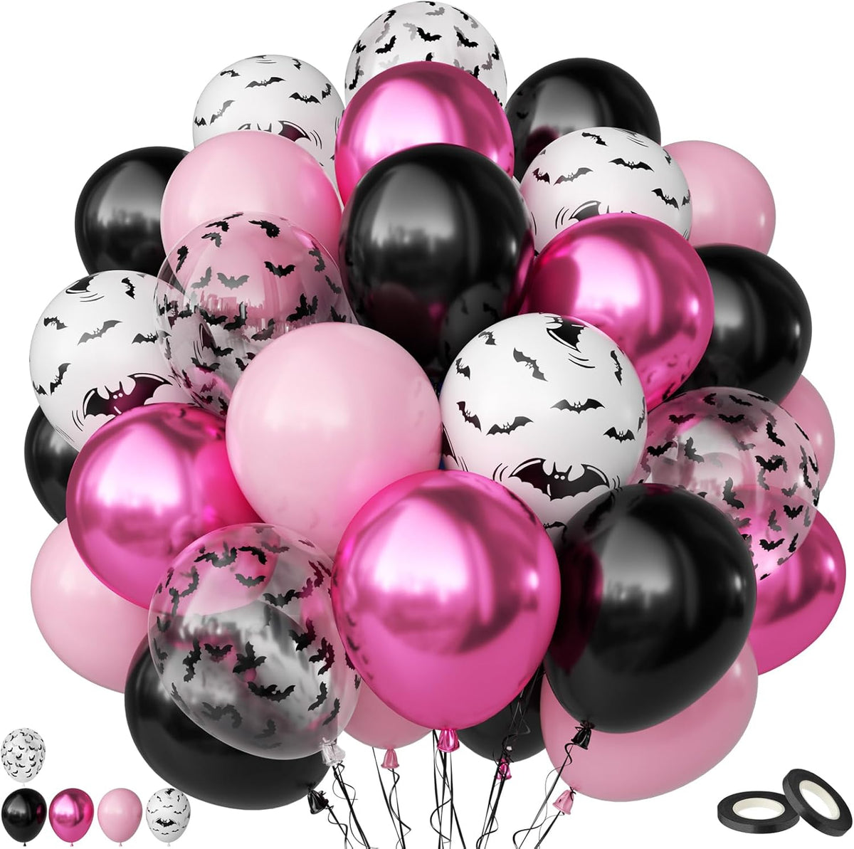Pink Halloween Balloons Set, 50PCS 12 Inch Bat Confetti Balloon Pastel Metallic Pink and Black
