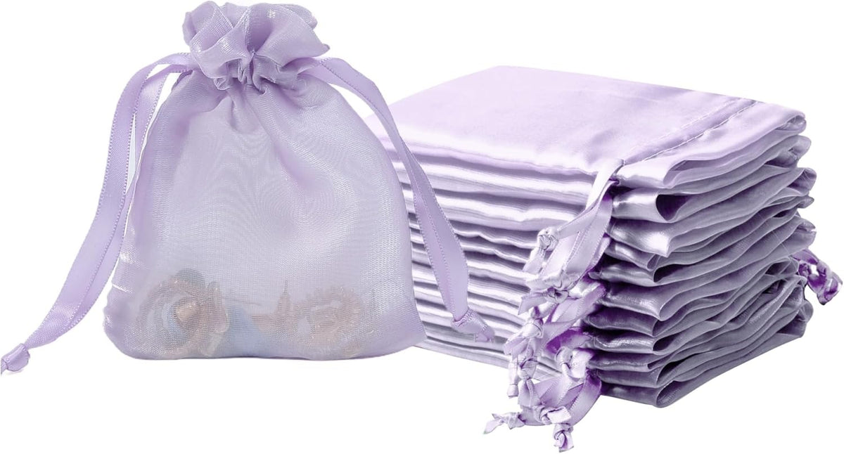 20 Pcs Lilac Purple Small Organza Bags 3X4 inch for Wedding Favors with Drawstring, Mini Mesh Gift