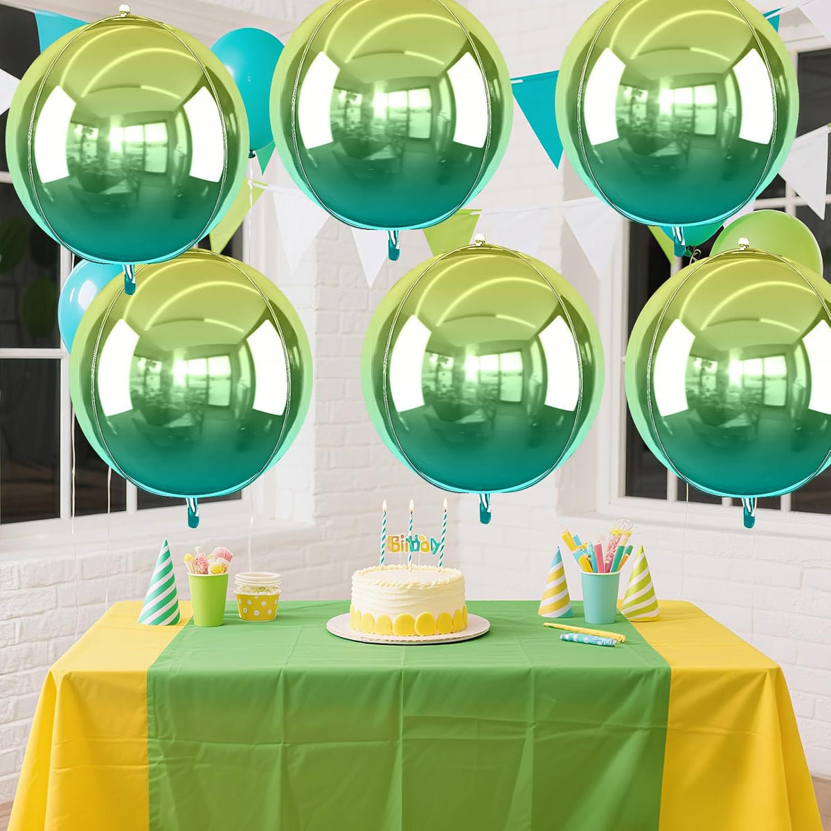 6Pcs Gradient Green Round Foil Balloons, 22" Large Helium Ball Mylar Balloon, Metallic Green Foil