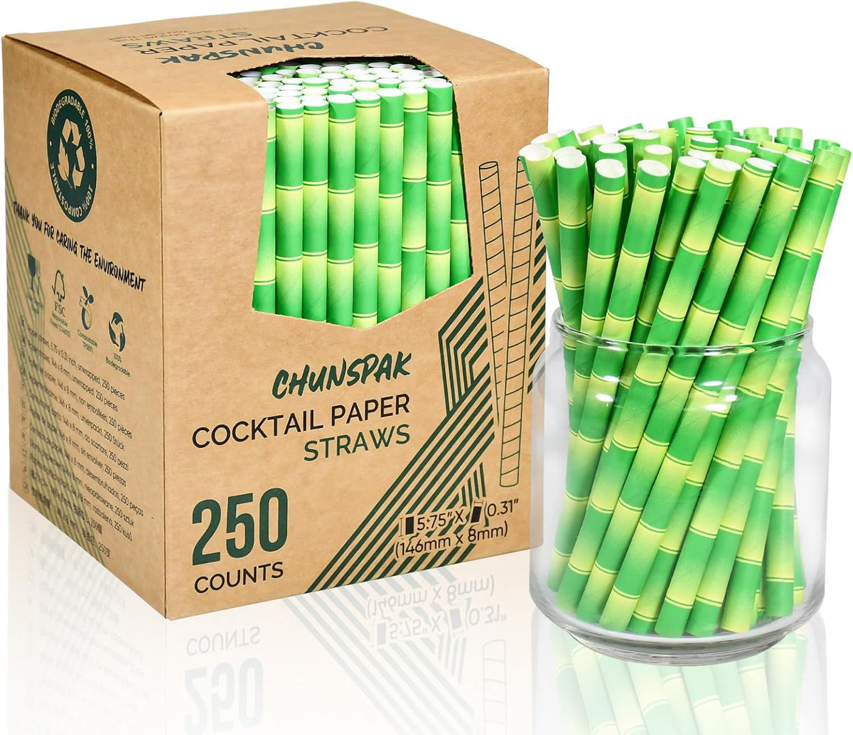 5.75" x 0.31" Green Bamboo Disposable Paper Drinking Straws for Short Drinks, Blended Cocktails