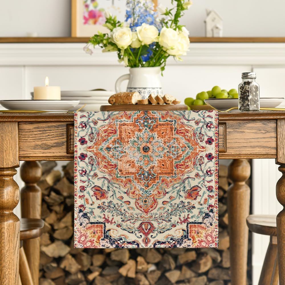 Artoid Mode Boho Bohemia Style Orange Table Runner, Country Rustic Farmhouse Magical Fall Kitchen