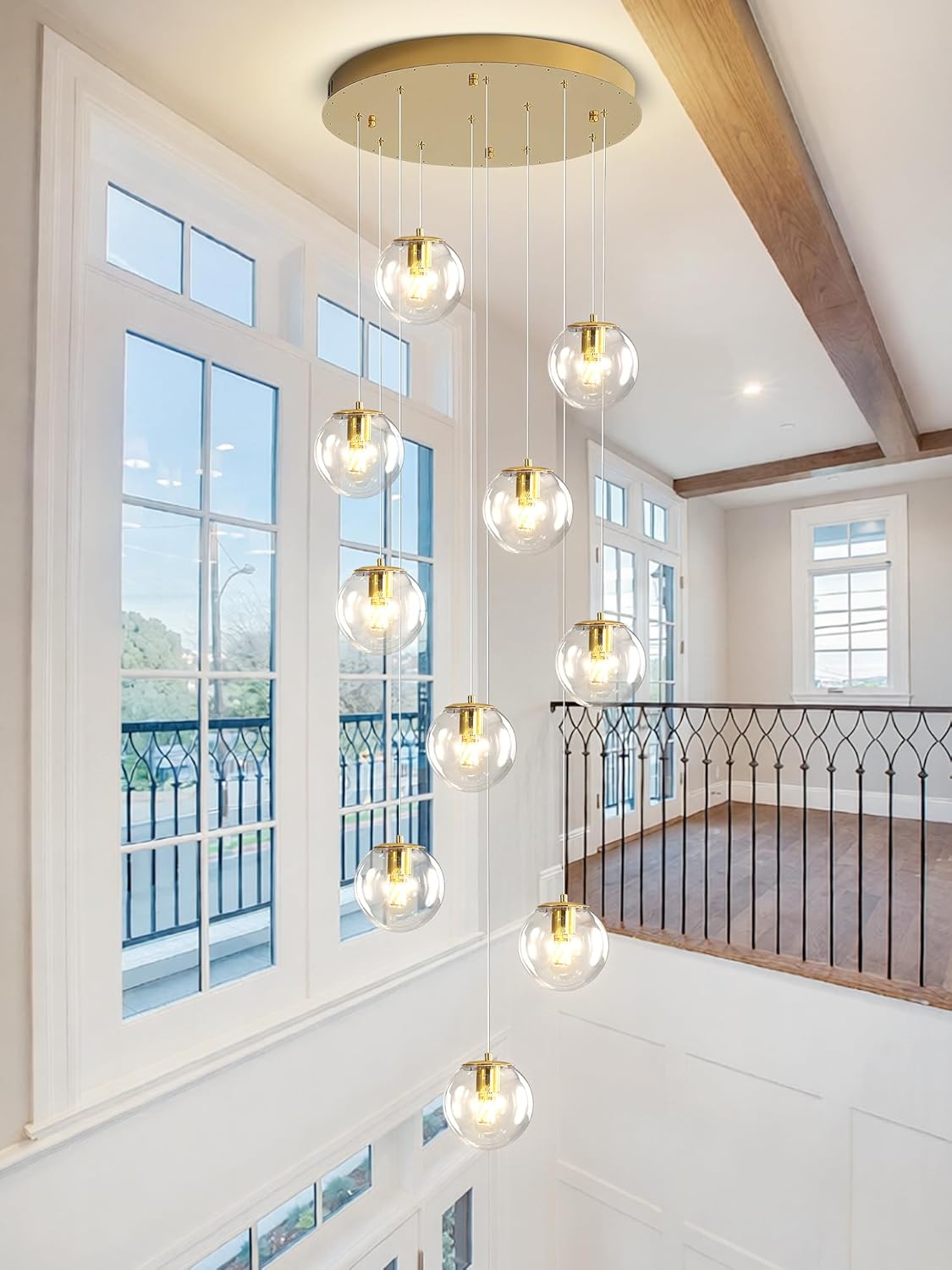 H118 Modern Glass Globe Chandelier Staircase Chandelier for Entryway 12-Lights Glass Globe Pendant