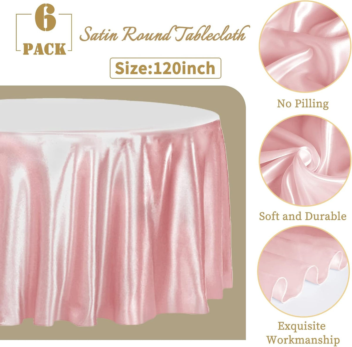 fani 6 Pack 120 Inch Rose Gold Round Tablecloth - Premium Silky Satin Tablecloth Overlay Smooth