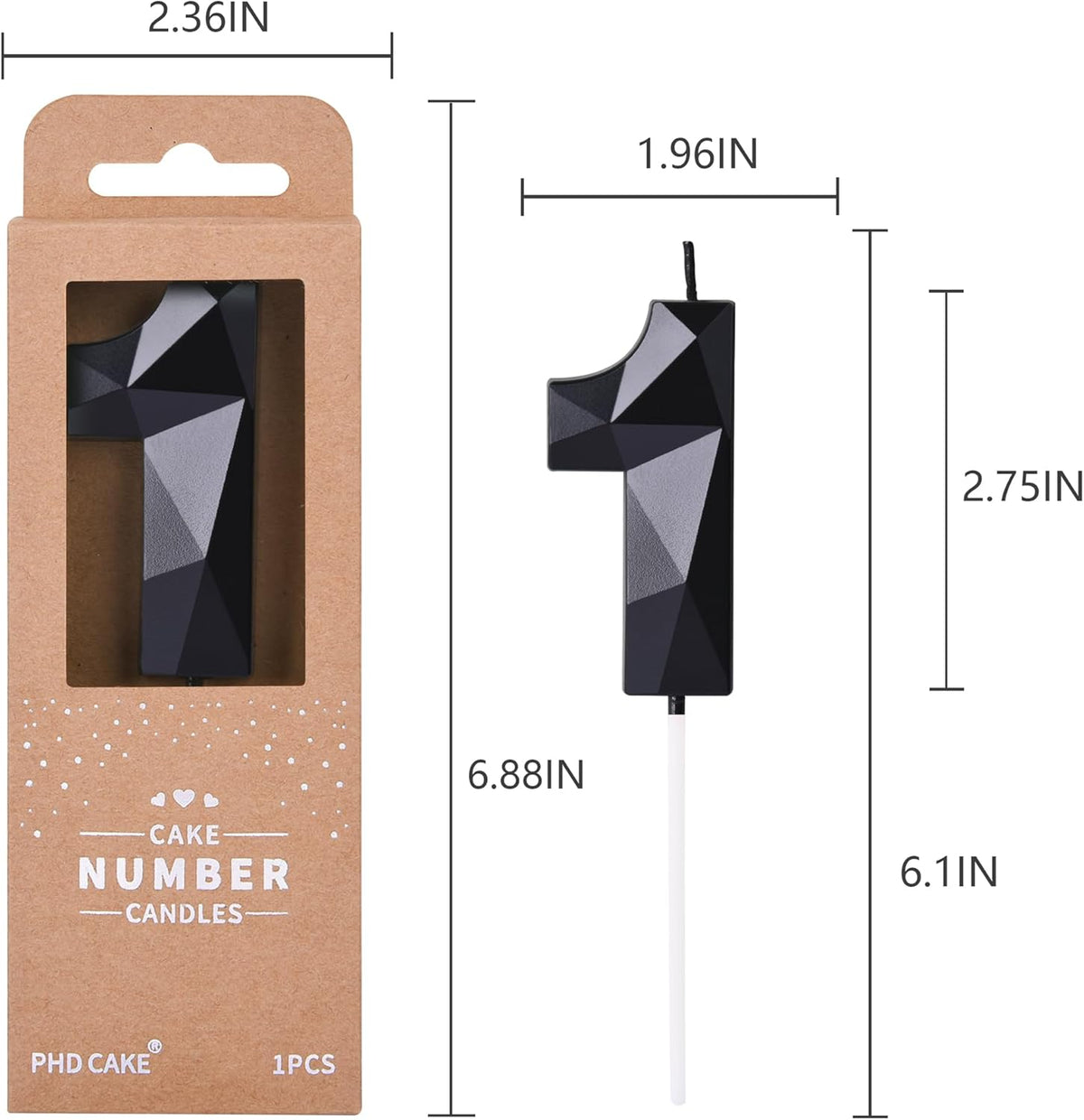 PHD CAKE 2.76 Inch Crystal Black 1 Number Birthday Candles, Black Number Candles, Cake Number