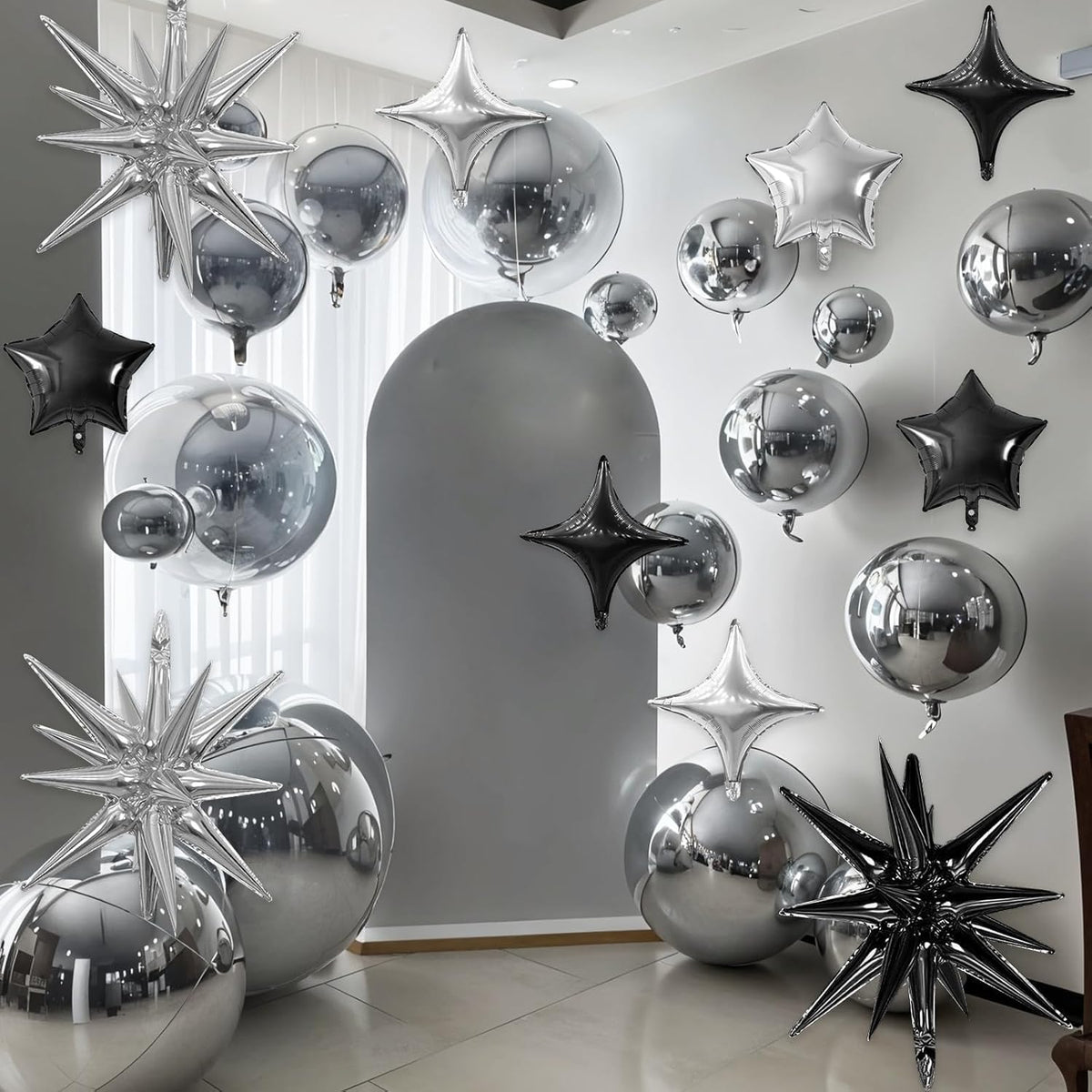 Black Silver Star Balloon,16Pcs Star Foil Balloons Set with 22Inch Explosion Spike Cone Balloons
