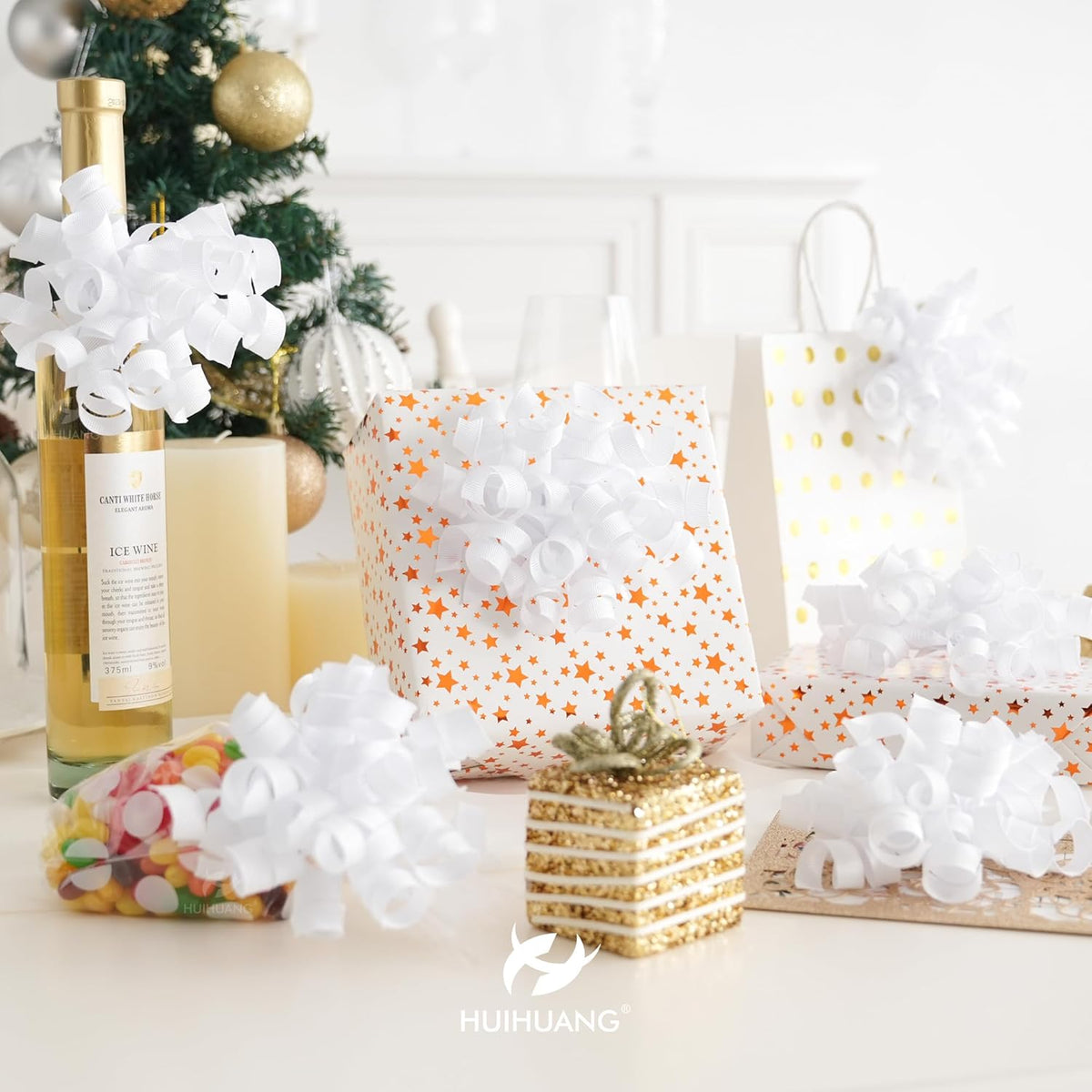 HUIHUANG White Bows for Gift Wrapping, White Curly Ribbon Bows Self Adhesive Burst Gift Bow for