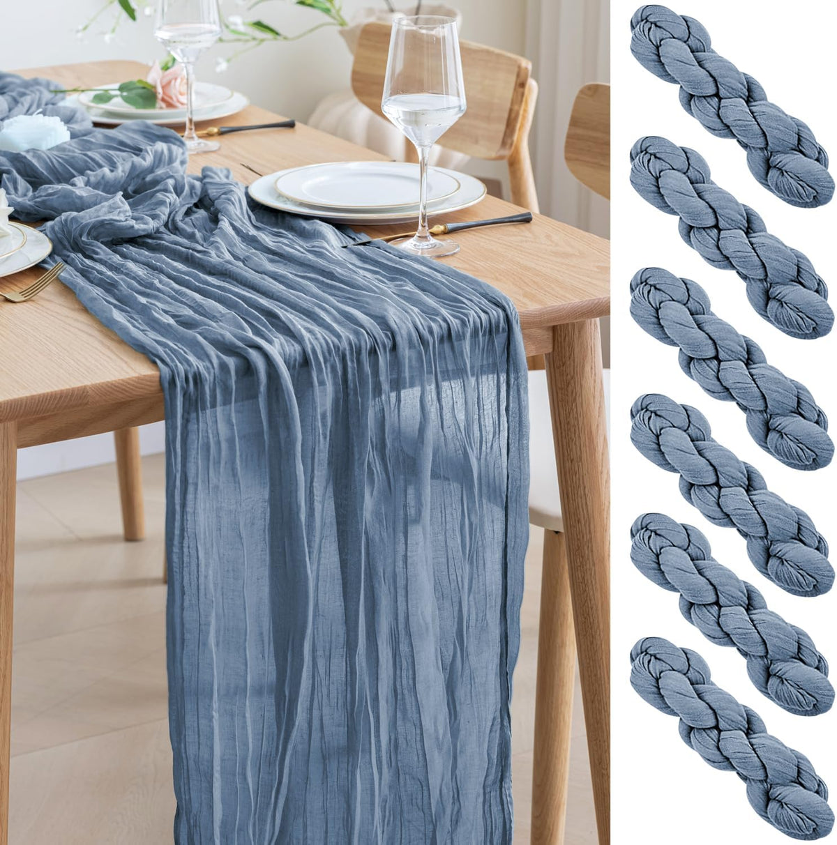 Asee'm 6pcs Cheesecloth Table Runner 120 Inches Long Dusty Blue Boho Gauze Cheese Cloth Runner 10FT