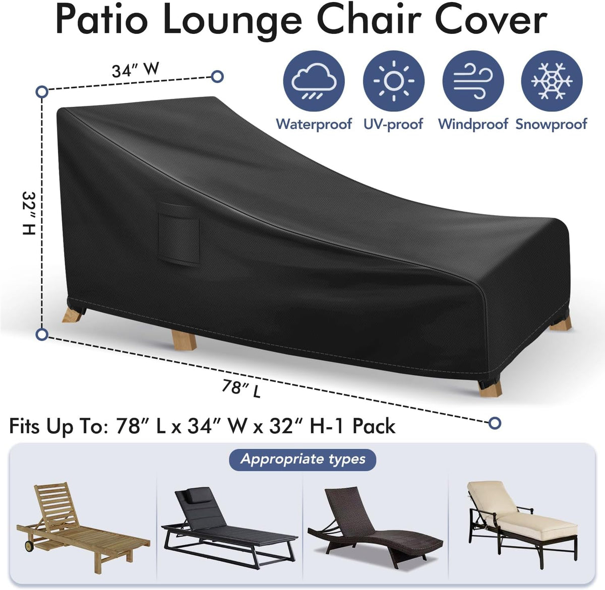 Chaise Lounge Covers Outdoor Waterproof, Heavy Duty Patio Furniture Covers, Fits up to 78L x 34W x