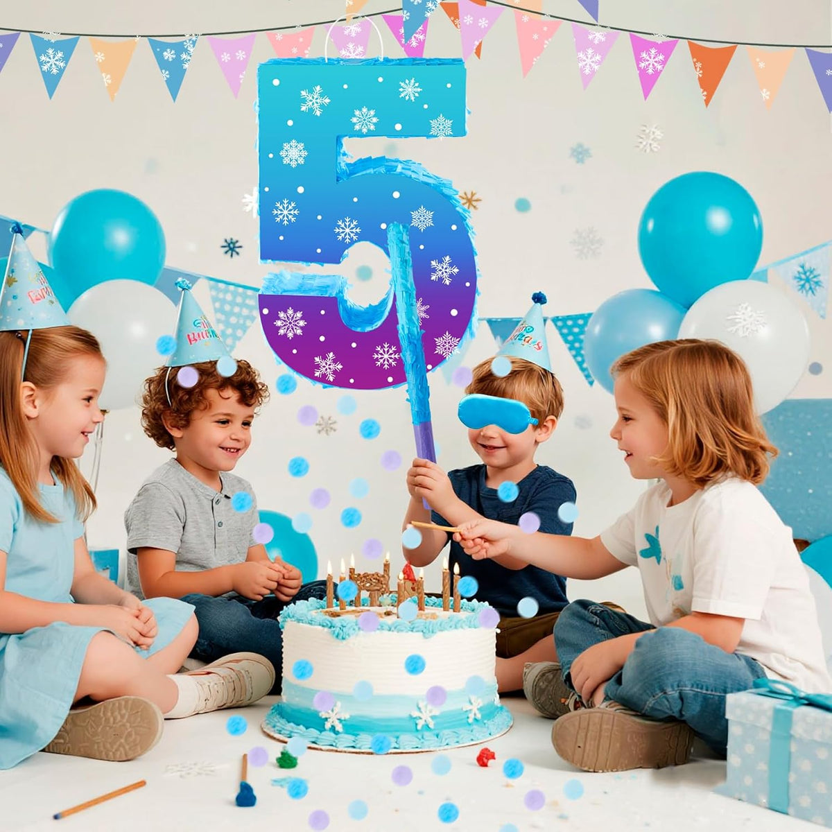 Snowflake Birthday Decorations, Winter Ice Snowflake Number 5 Pinata with Stick Blindfold and