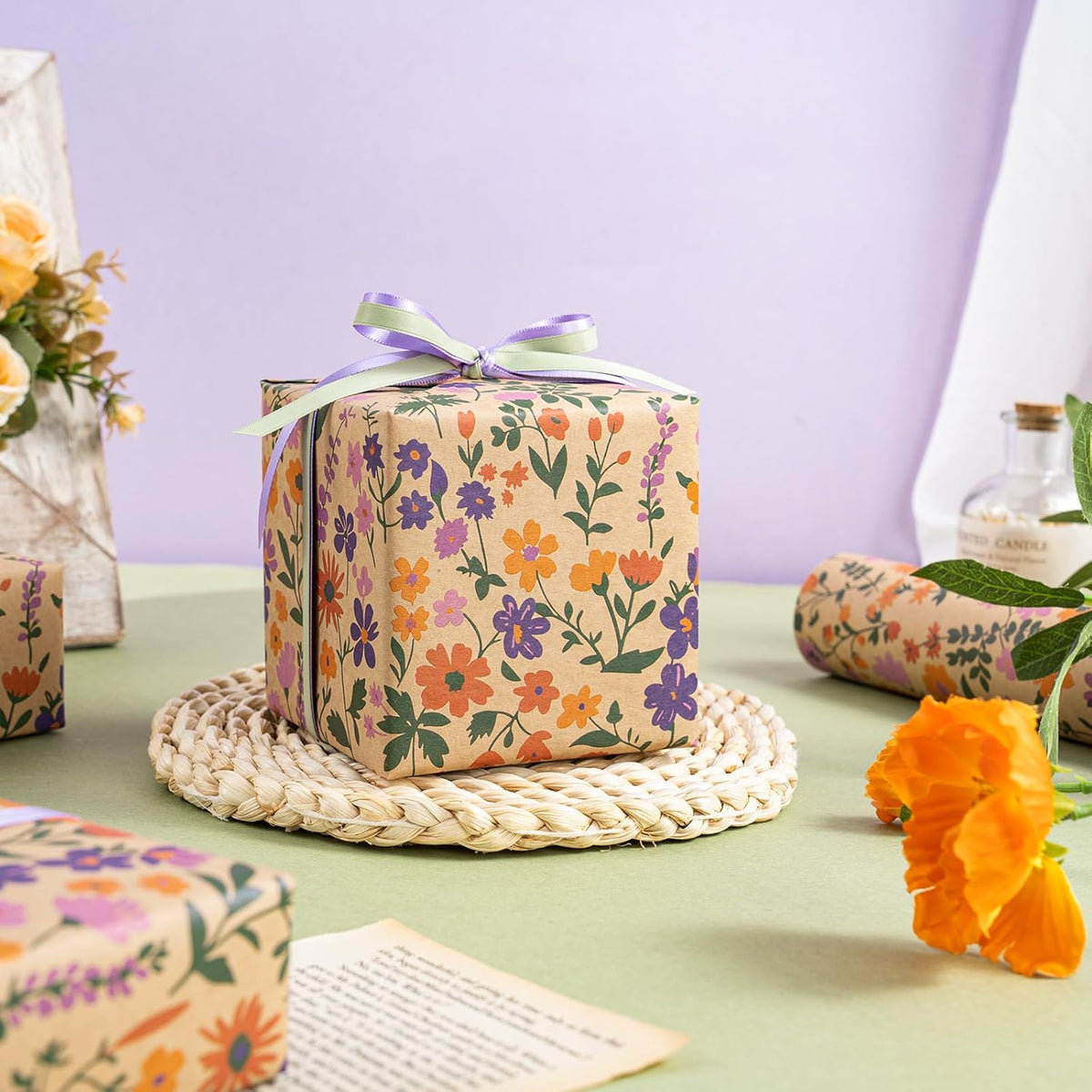 WRAPAHOLIC Kraft Floral Wrapping Paper Roll - Mini Roll - 17 Inch x 33 Feet - Vintage Flower