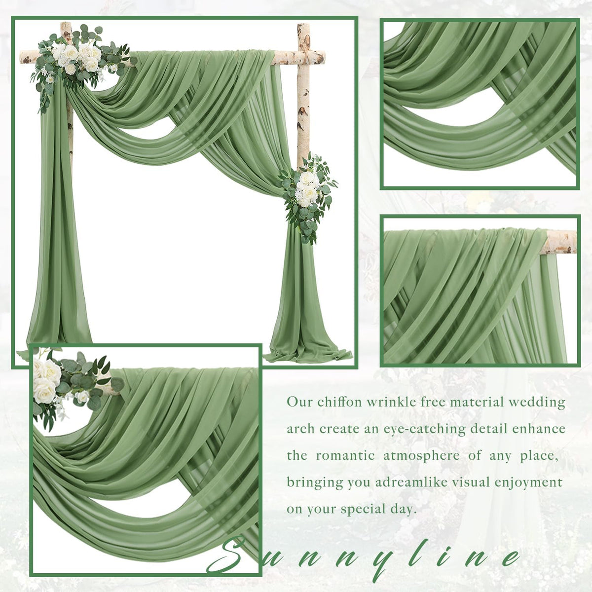 Wedding Arch Draping Fabric 2 Panels 20Ft length x 28" width Sage Green Arch Drapes Chiffon Fabric