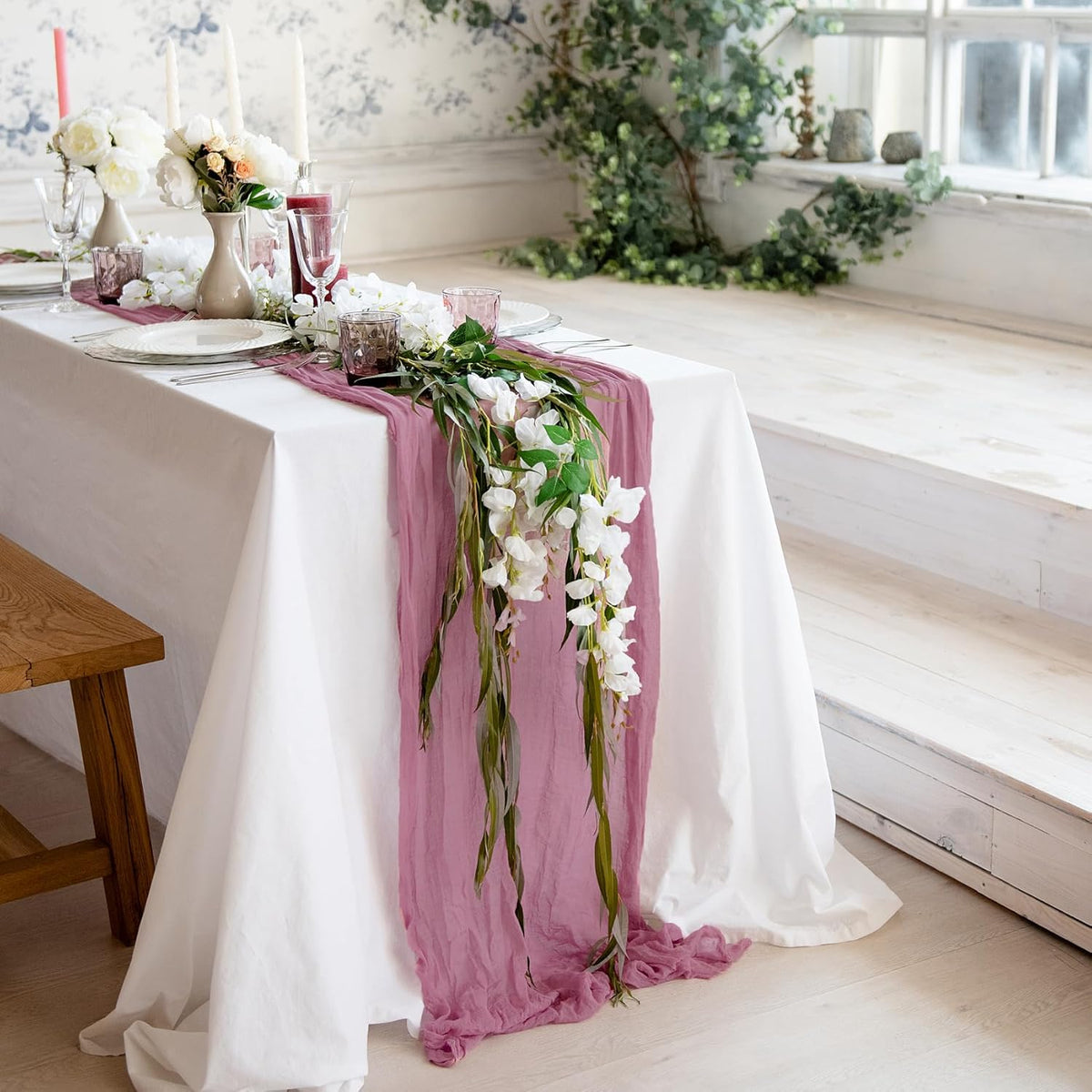 Dusty Pink Table Runner Cheesecloth 141'' Rustic Sheer Gauze Runner Farmhouse Wedding Runner