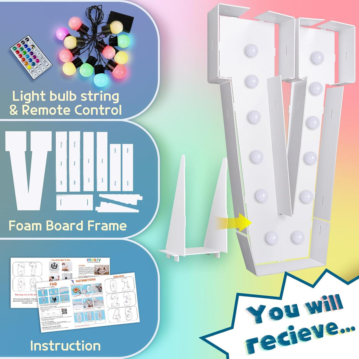 imprsv 4FT Colorful Marquee Light Up Letters V, 18 Colors Large Light up Letters Alphabet Sign with