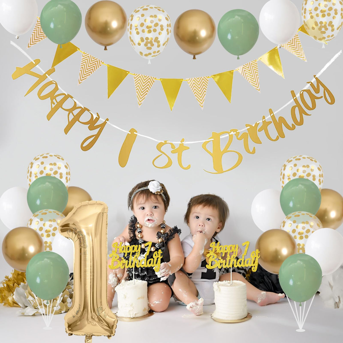 1st Birthday Decorations for Boys Girls, Sage Green White Gold Birthday Balloons with Happy 1st