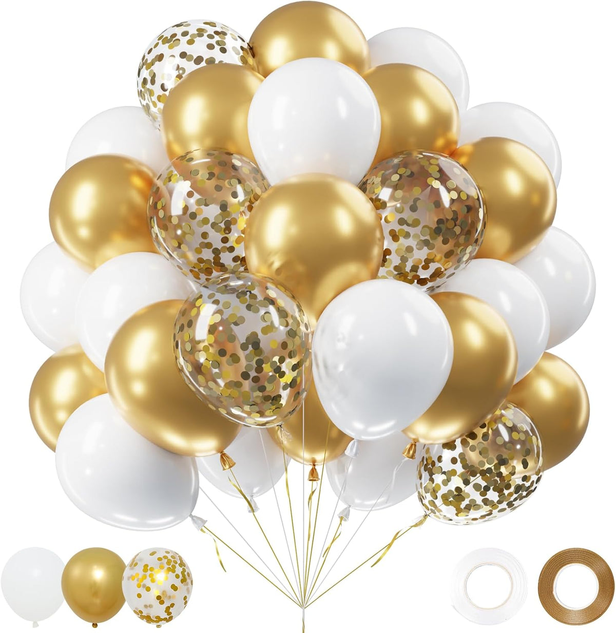 Netnology Gold and White Balloons Set, 60Pcs 12 Inch White Metallic Gold and Gold Confetti Latex