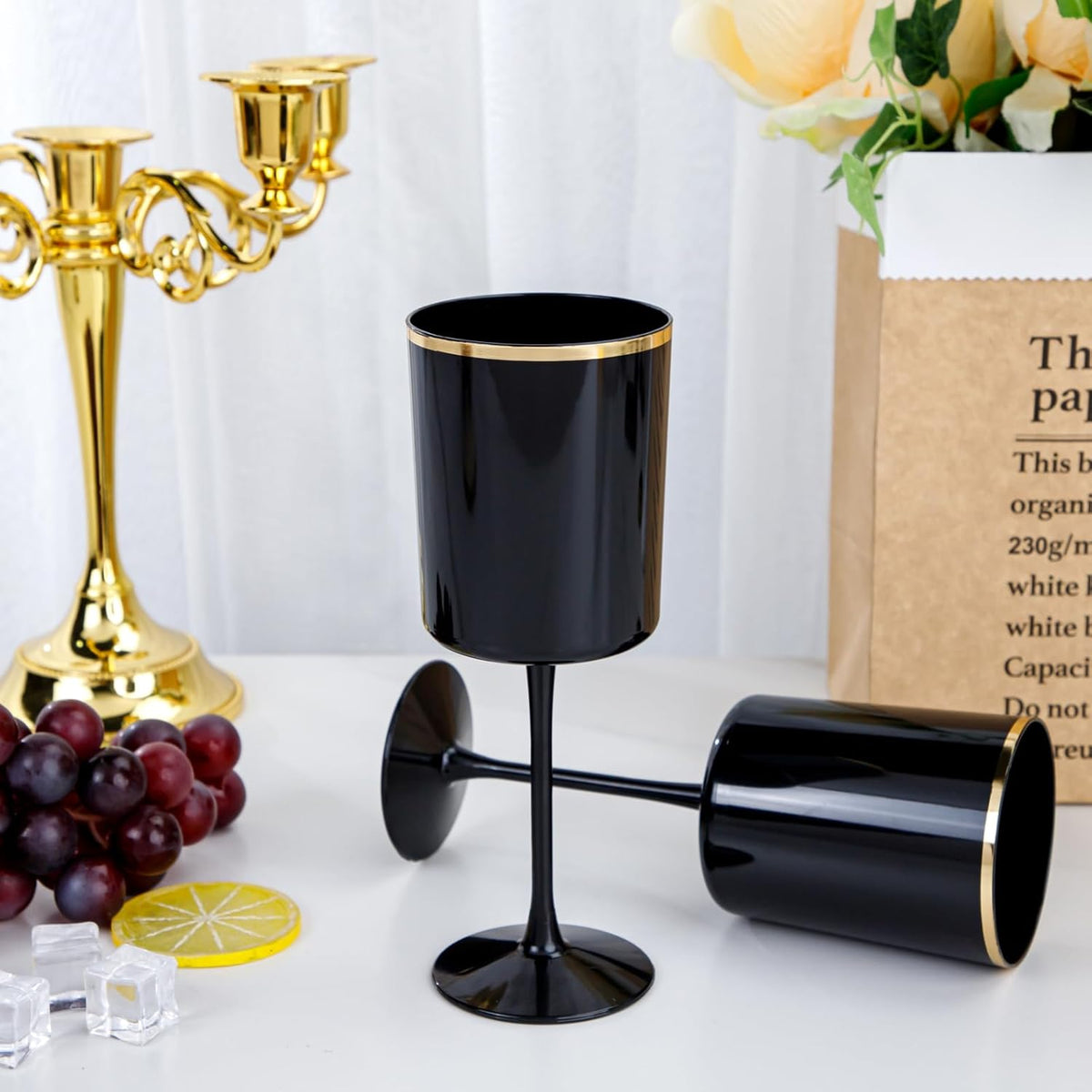 Ciaell 12 Pack 10 OZ Black Plastic Wine Glasses with Stem - Black and Gold Disposable Wine Glasses