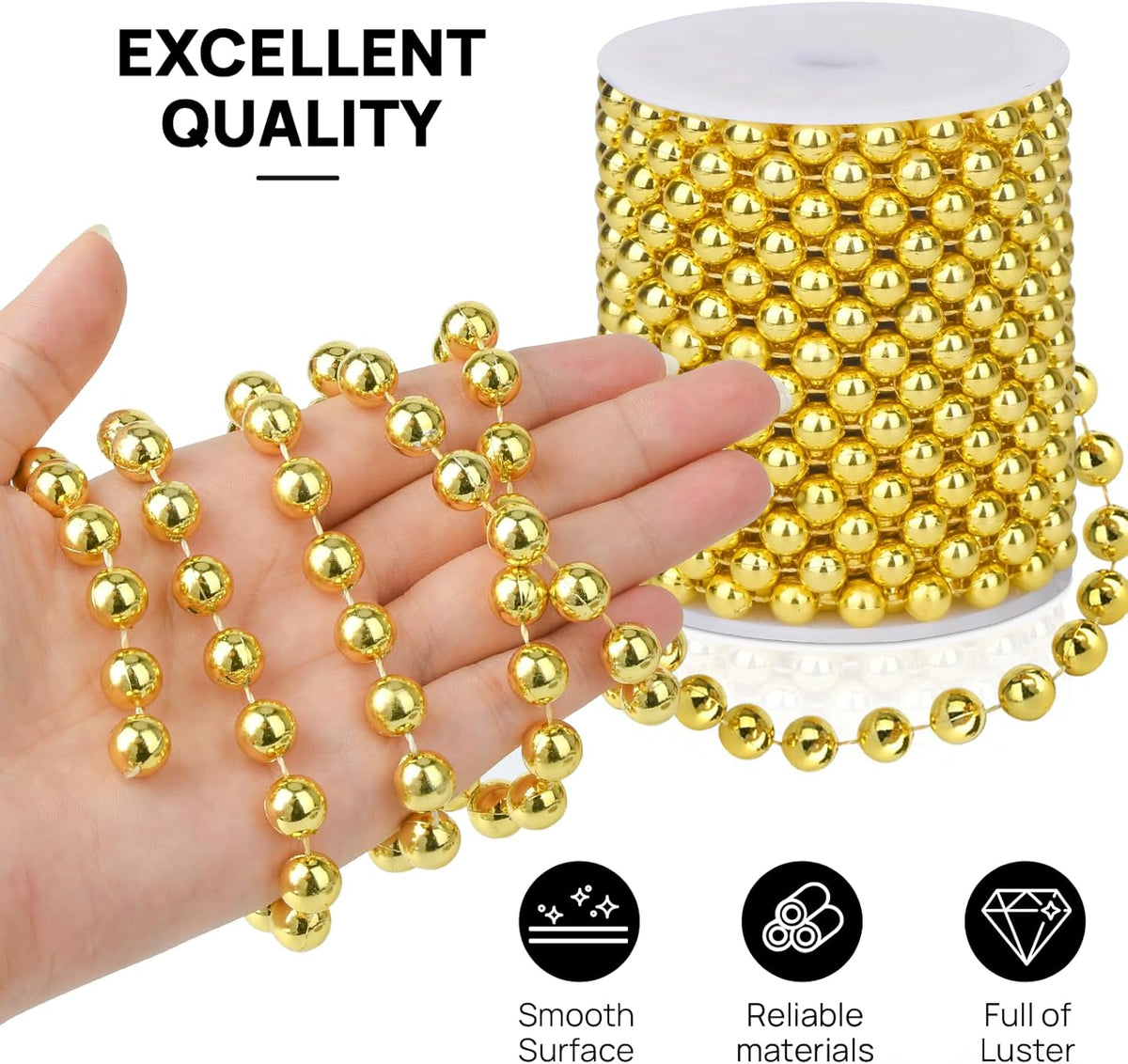 Craft String Pearls 10MM Pearl Bead, 33Feet Gold Faux Pearl Garland Spool Roll Strand Wedding Party