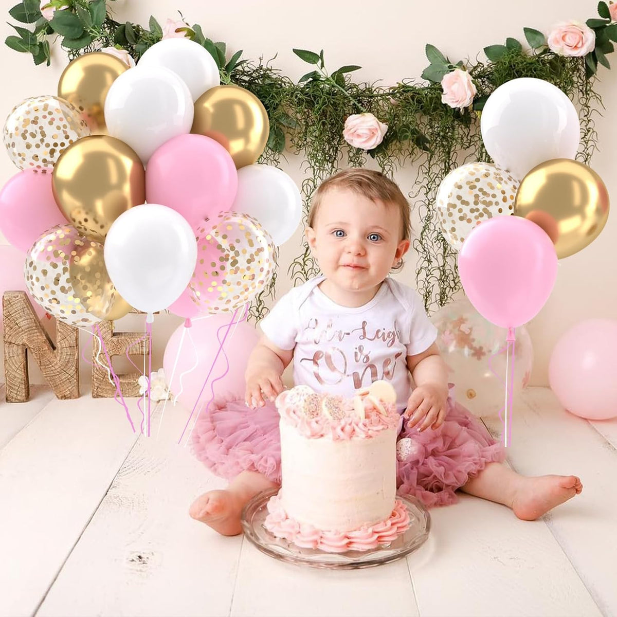 Patimate Pink Gold Confetti Balloons Set, 50 pcs 12 inch Metallic Gold Pastel Pink White Confetti