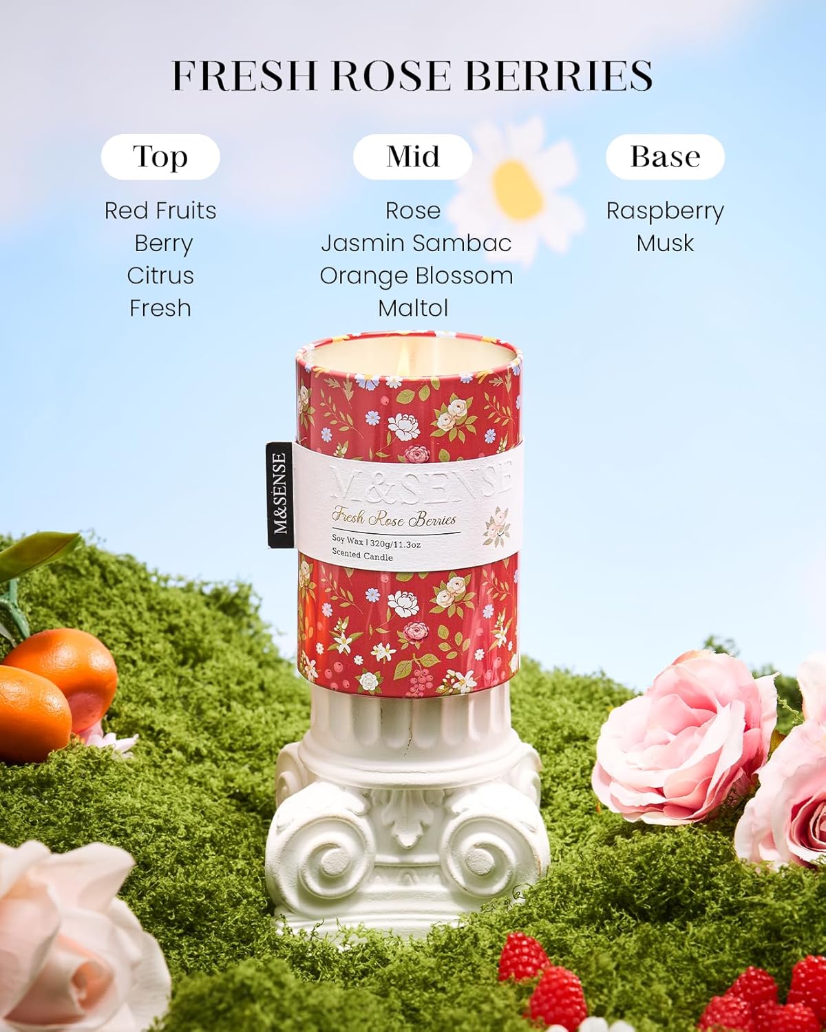 M&SENSE Fresh Rose Berries Scented Candle, Medium Jar Candle 11.3oz Natural Soy Wax for Home