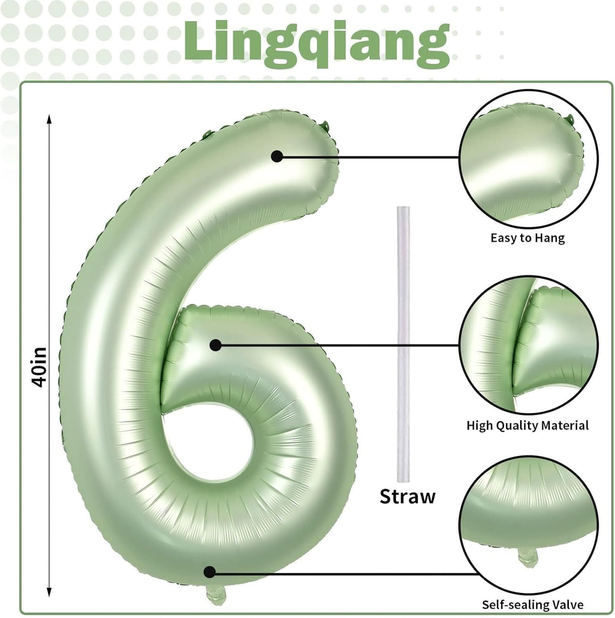 Sage Green Number 6 Balloons, 40 In Large Olive Green Number 6 Foil Helium Balloons for Girls
