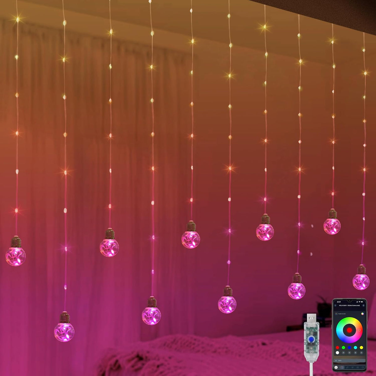 Color Changing Wishing Ball Curtain Lights, 9.8 x 3.3 FT RGB LED Fairy Light with Remote App