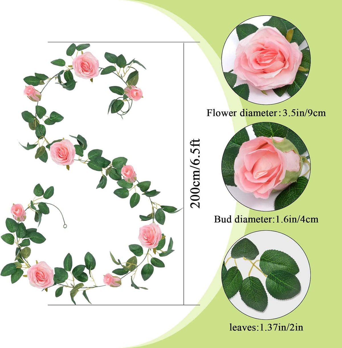 U'Artlines 3 Pack Artificial Pink Rose Vines Floral Garlands Total 19.5 Ft Fake Vine Silk Flower
