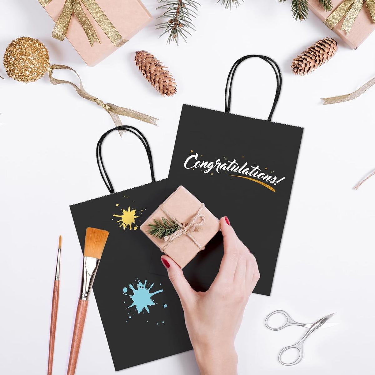 GSSUSA Kraft Paper Gift Bags 5.25x3.75x8'' 20 Pcs, Black Paper Bags with Handles, Bulk Kraft Gift