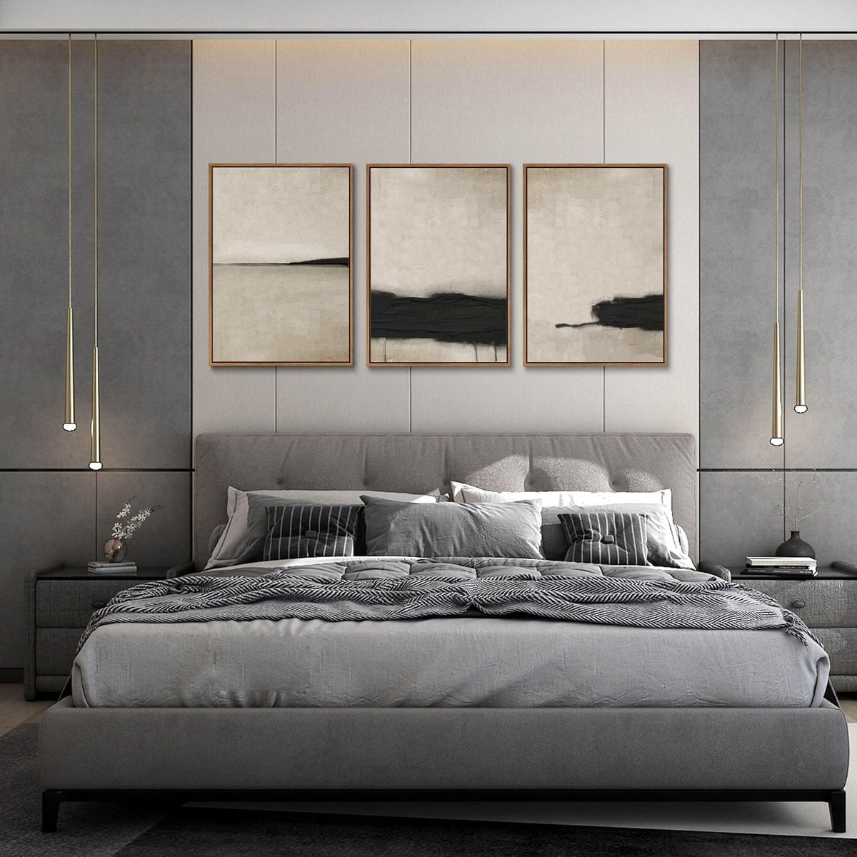 myusuar 3 Piece Large Modern Abstract Canvas Framed Wall Art For Living Room, Black And Beige