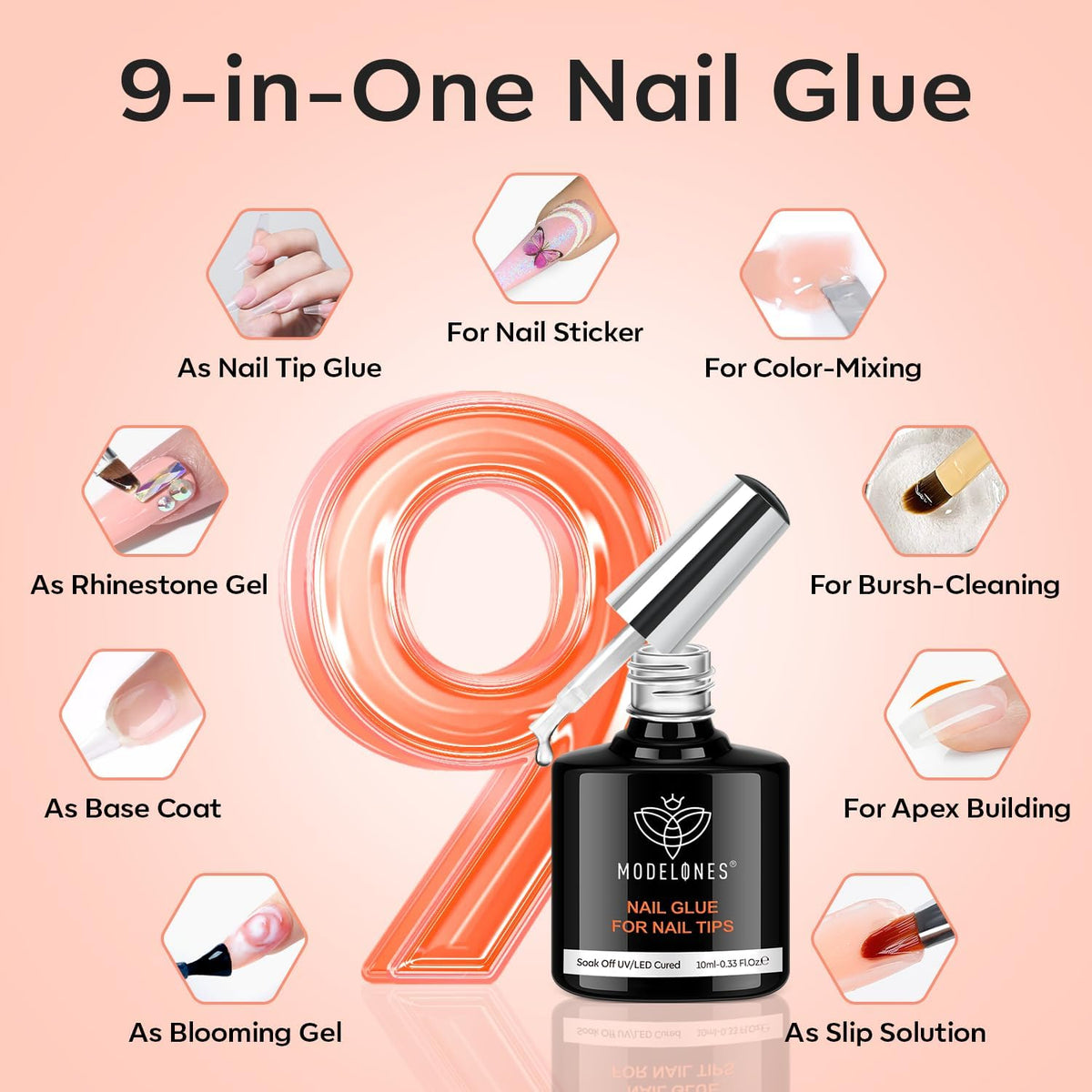 modelones Medium Square Gel Nail Tips Kit, 9-in-One Nail Glue with Portable U V Lamp 216Pcs 12Sizes