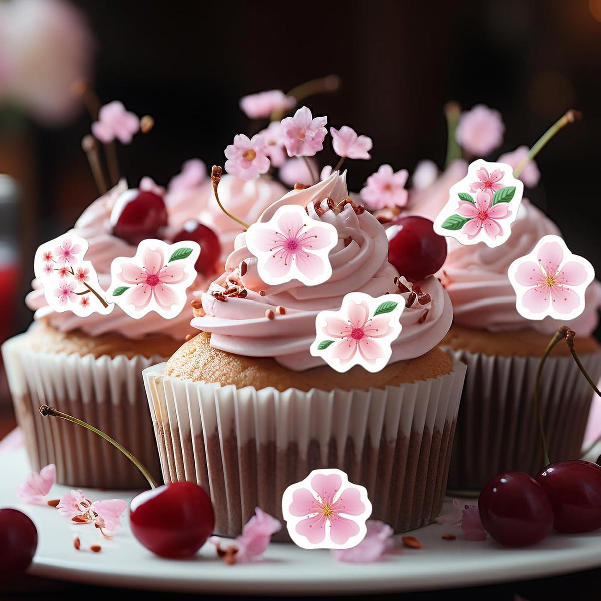 48PCS Edible Cherry Blossoms Cupcake Toppers Pink Edible Cherry Flowers Cake Decorations Wafer
