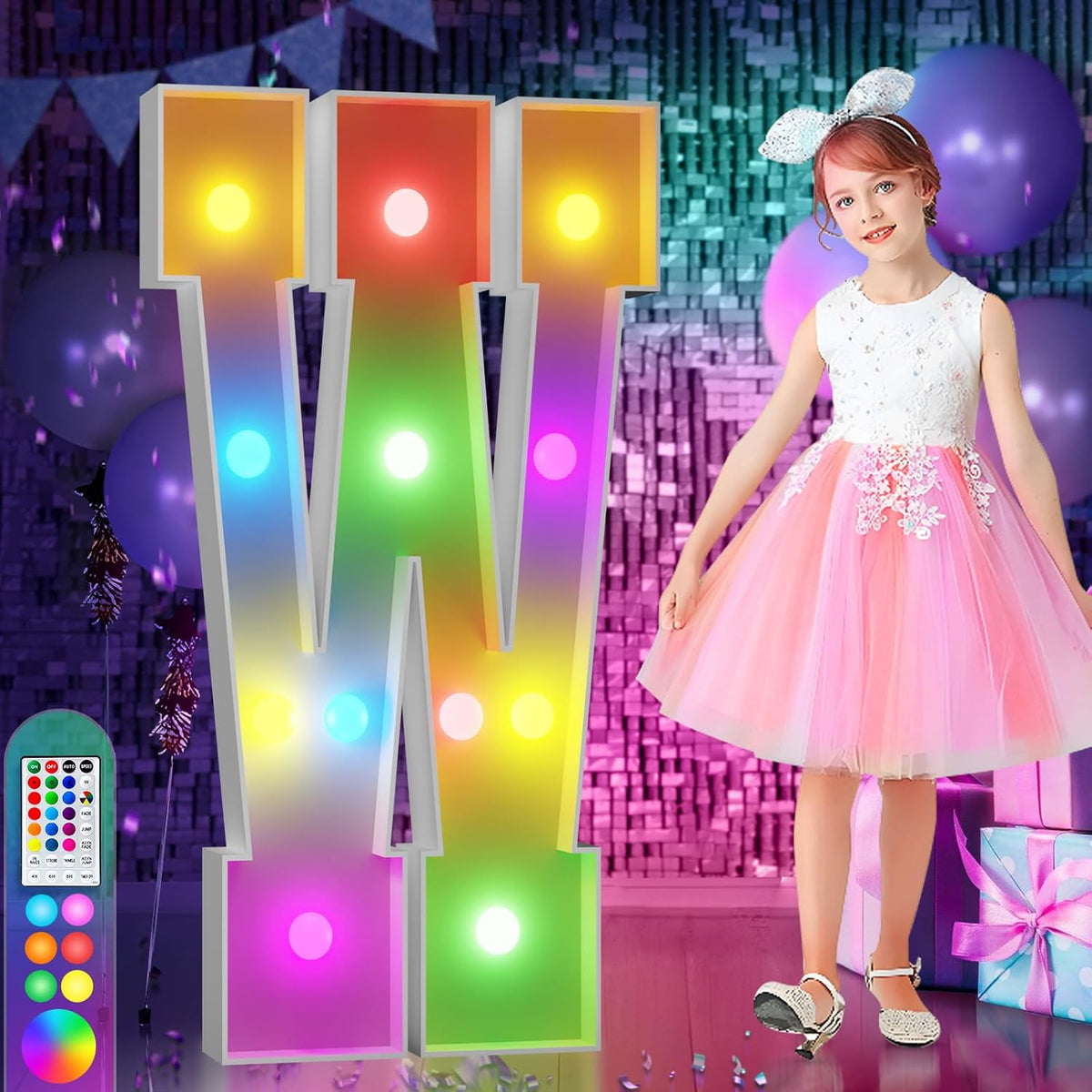 imprsv 4FT Colorful Marquee Light Up Letters W, 18 Colors Light Up Sign Alphabet Sign with Remote
