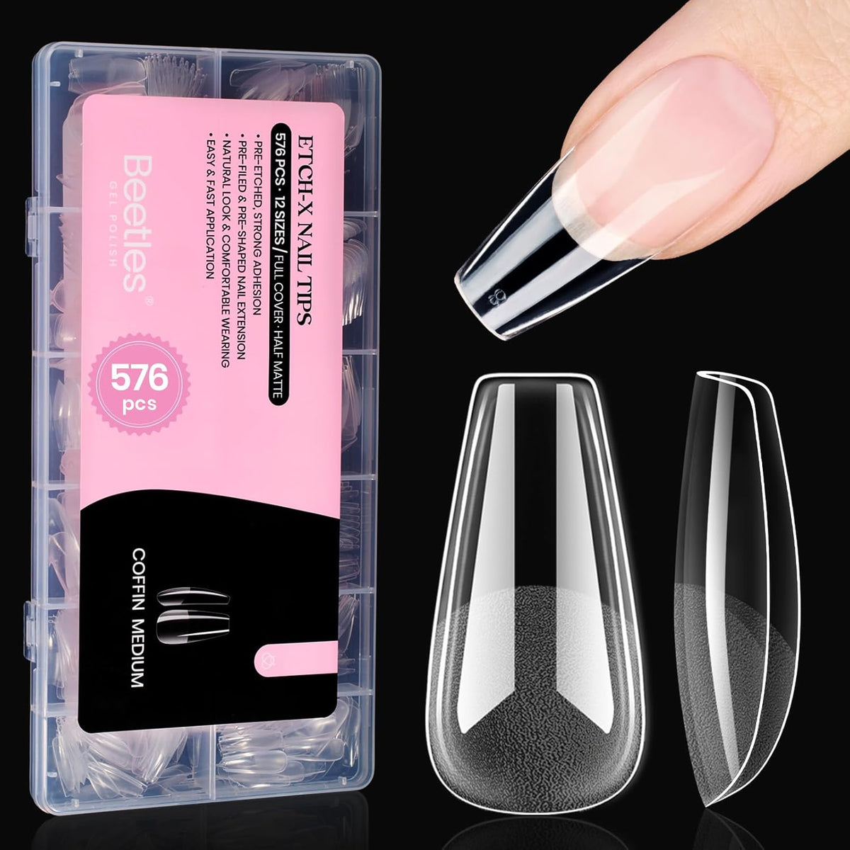 Beetles Gel Nail Tips Medium Coffin 576PCS Etch X Nail Tips, 12 Sizes Pre Shaped Half Matte Press