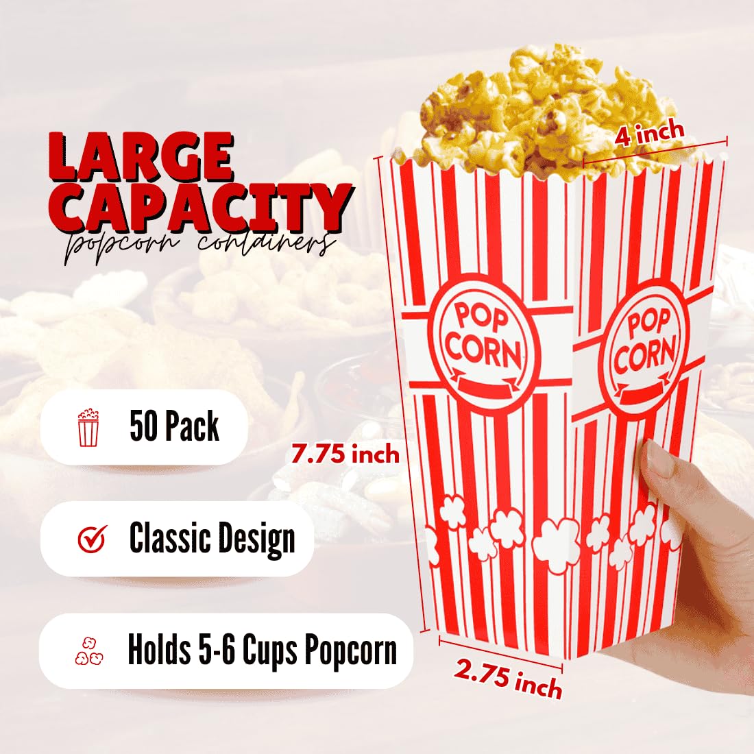 ZEEGO0 50-Pack Popcorn Boxes Bulk, Sturdy and Durable Popcorn Bucket, Large Capacity Containers