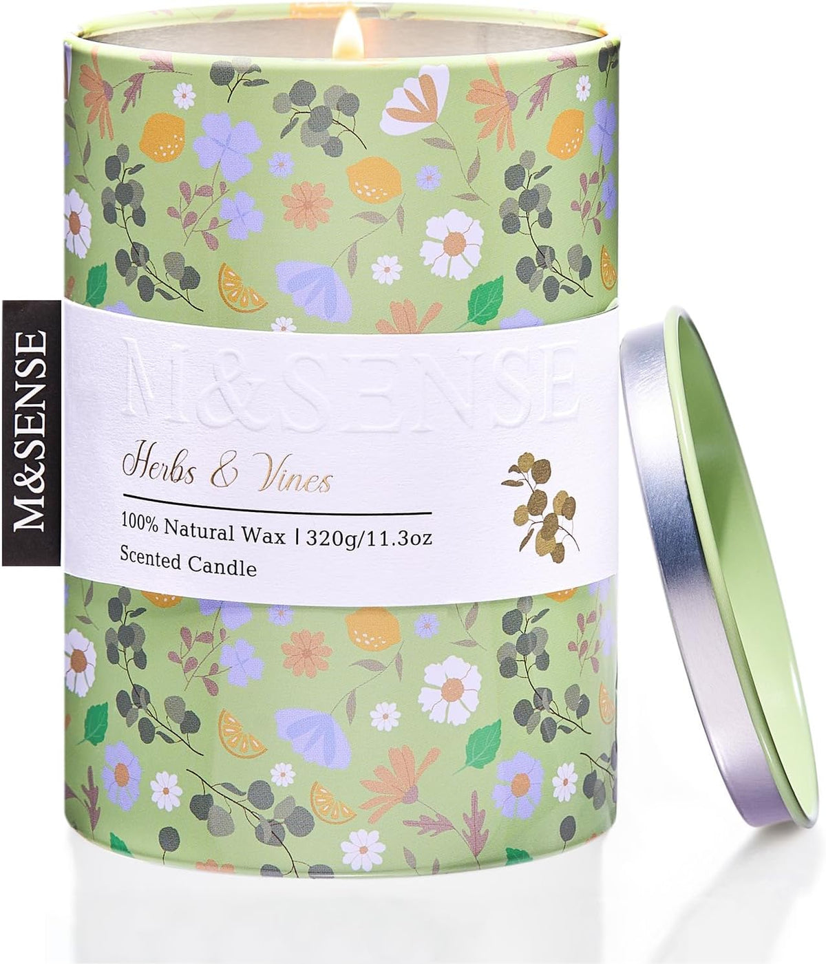 M&SENSE Herbs Vines Scented Candle, Medium Jar Candle 11.3oz Natural Soy Wax for Home Scented
